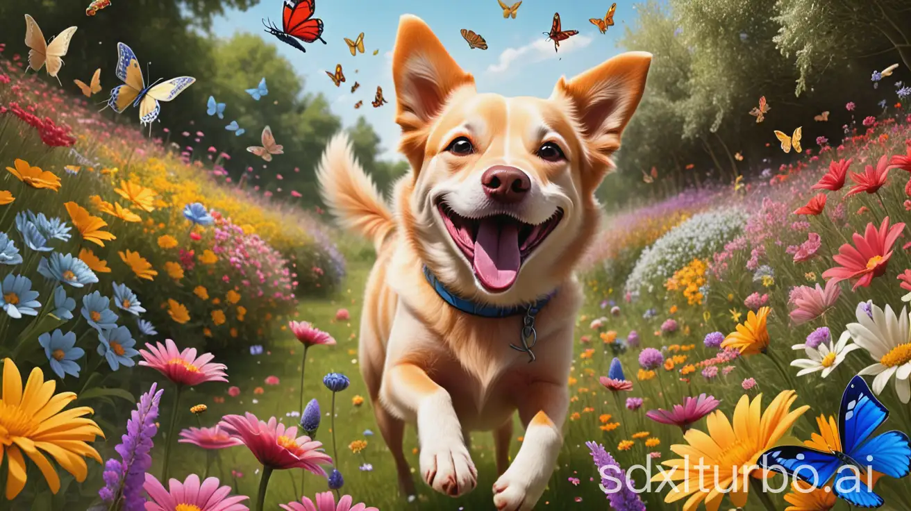 Joyful-Dog-Playing-in-Meadow-of-Flowers-with-Butterflies-and-Damselfly