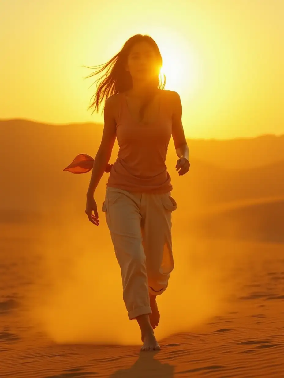 A beautiful, sorrowful Asian woman runs barefoot across a sun-scorched desert, wearing loose pants and a flowing top. The scene is bathed in dramatic, golden lighting, with retro cinematic hues.