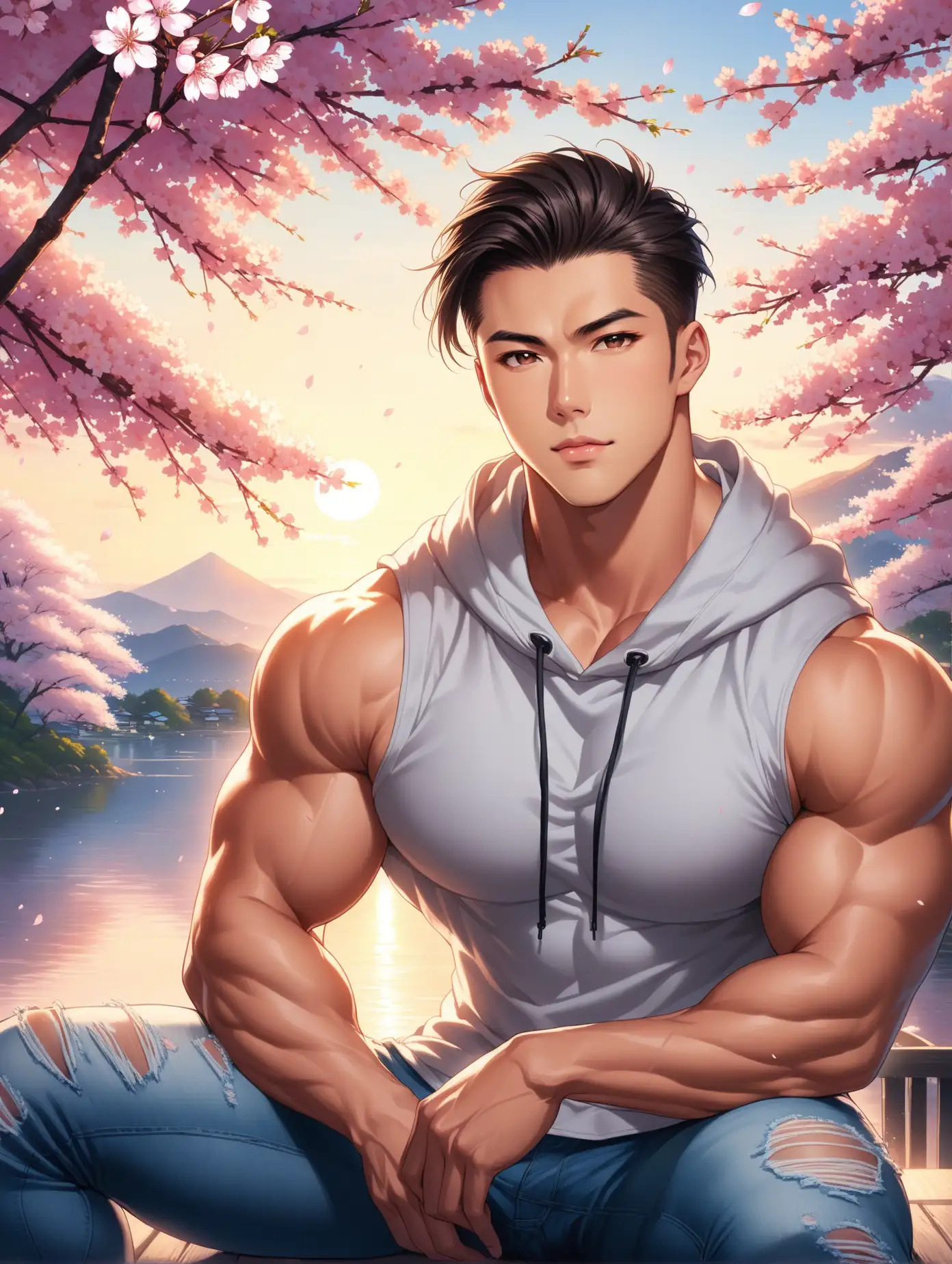 27 years-old,japanese handsome guy,male model,muscular huge bodybuilder, defined jawline,with black Combed Back Straight Fade haircut,,with  ripped jeans,sleeveless hoodie blooming cherry blossoms, beautiful scenery, Soft hues and subtle lighting enhance his beauty.