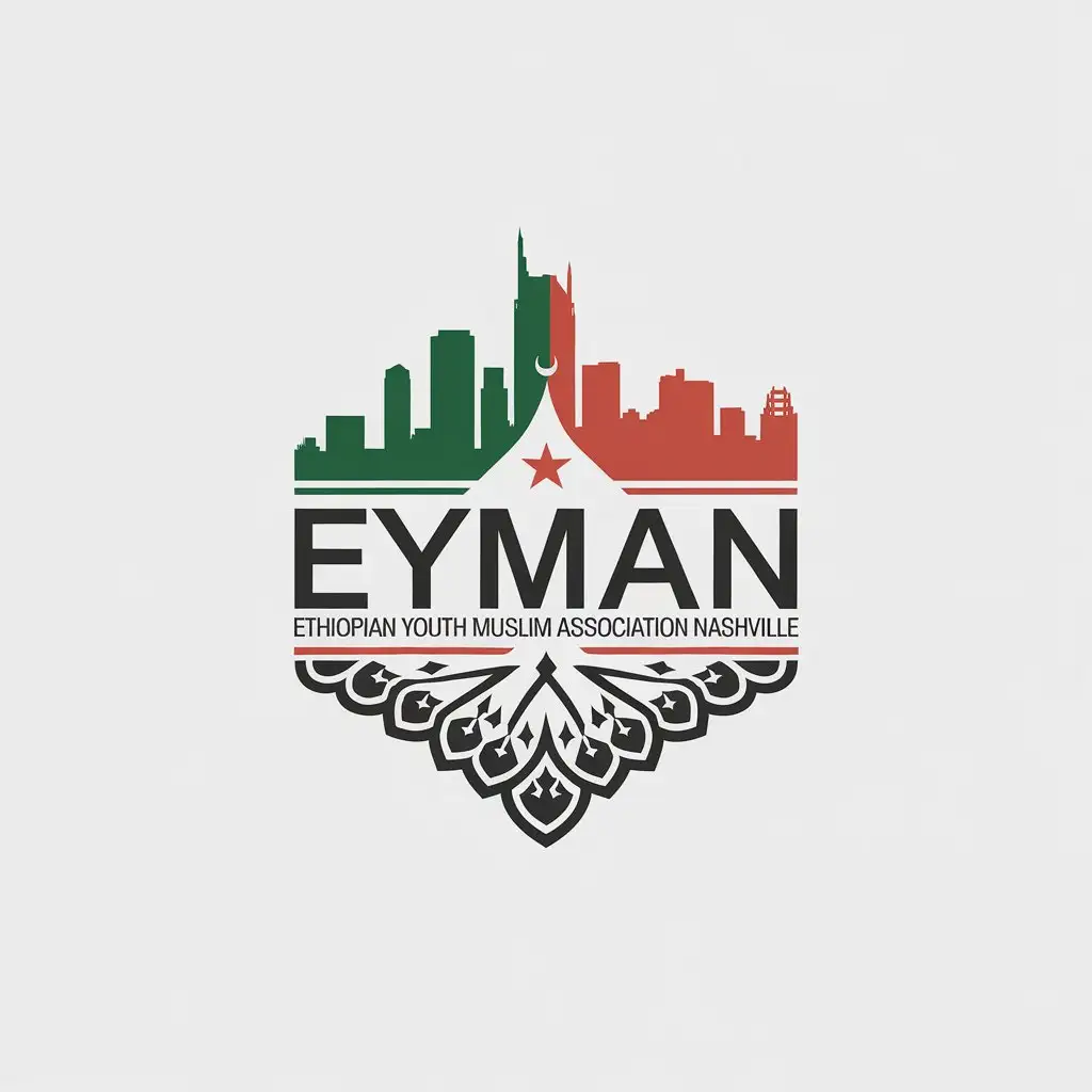 LOGO Design for EYM Minimalistic Nashville Skyline with Ethiopian Flag Colors and Islamic Art