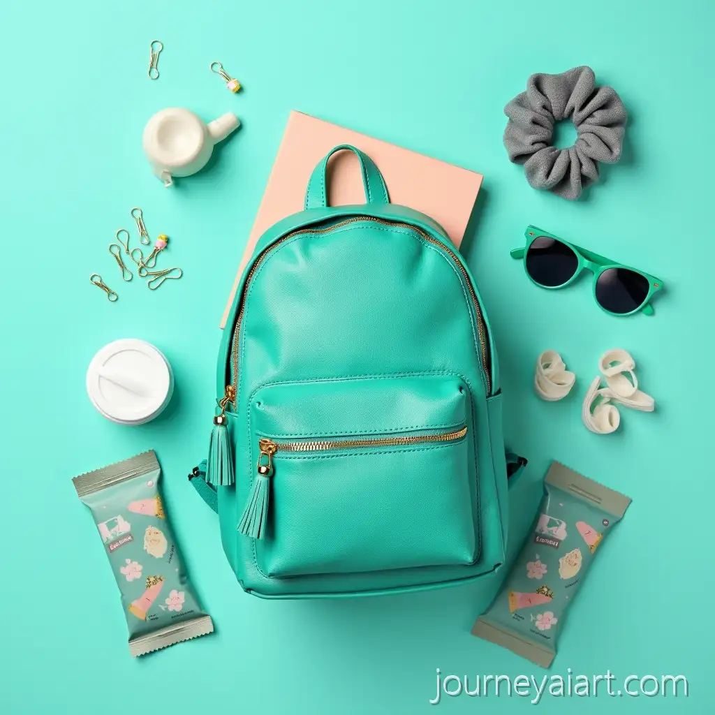 Teal-Faux-Leather-Backpack-and-Pastel-Accessories-on-Minimalist-Surface