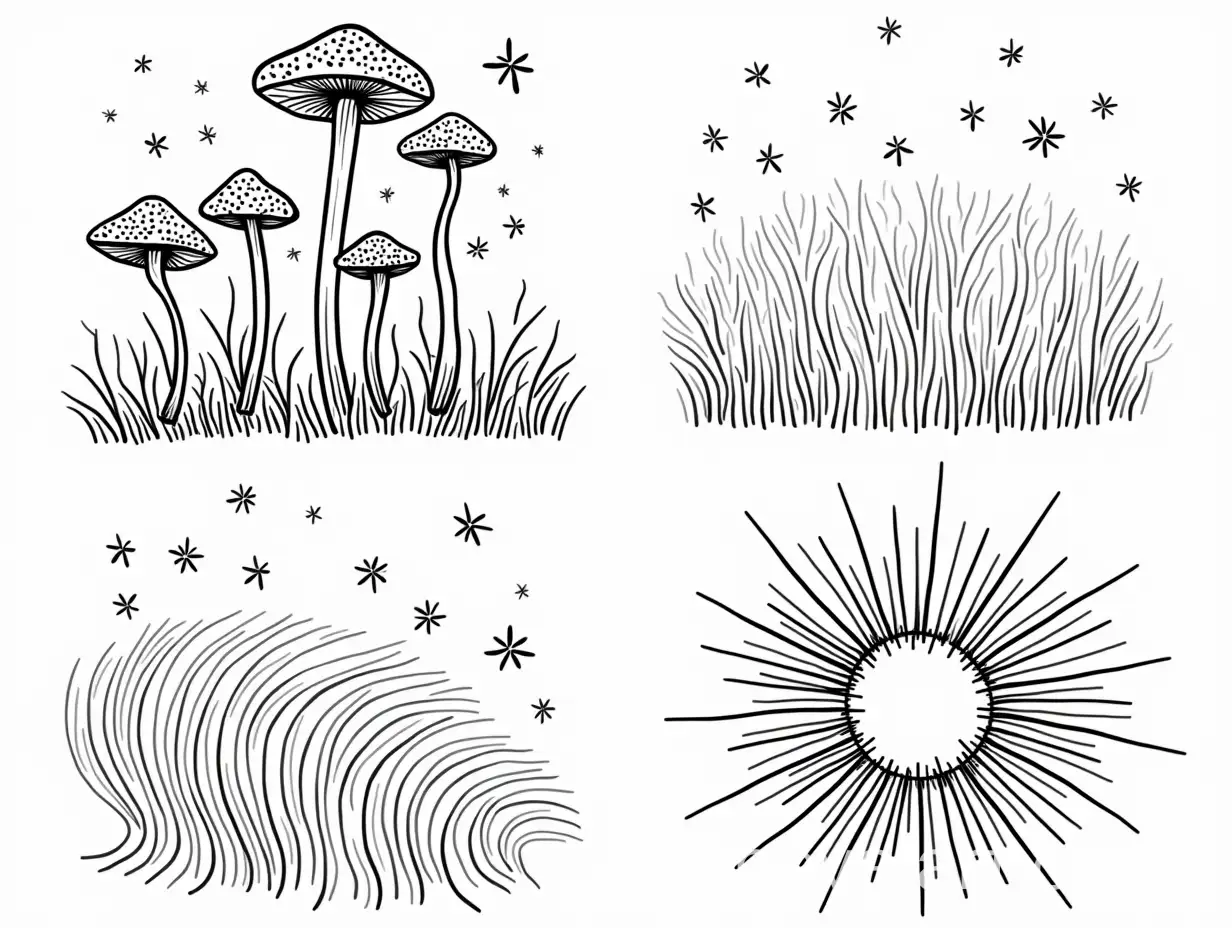 Enoki-Mushrooms-and-Starry-Constellations-with-Stylized-Sun-in-BoldLine-Artwork