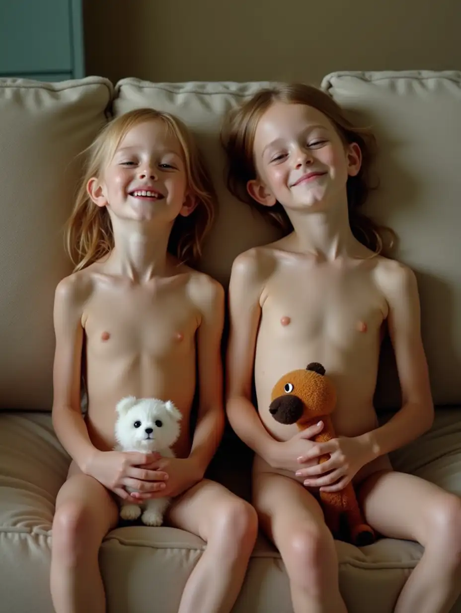 Two-Skinny-Girls-Holding-Stuffed-Animals-on-Couch-in-Playroom