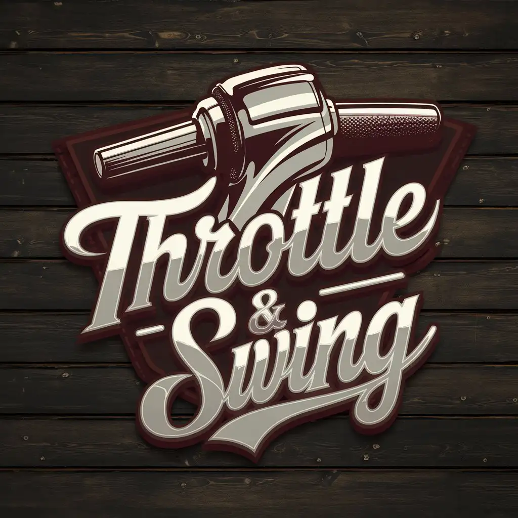 LOGO Design for Throttle Swing Bold Cursive Font Gold Metallic 3D Effect with Wood Panel Background