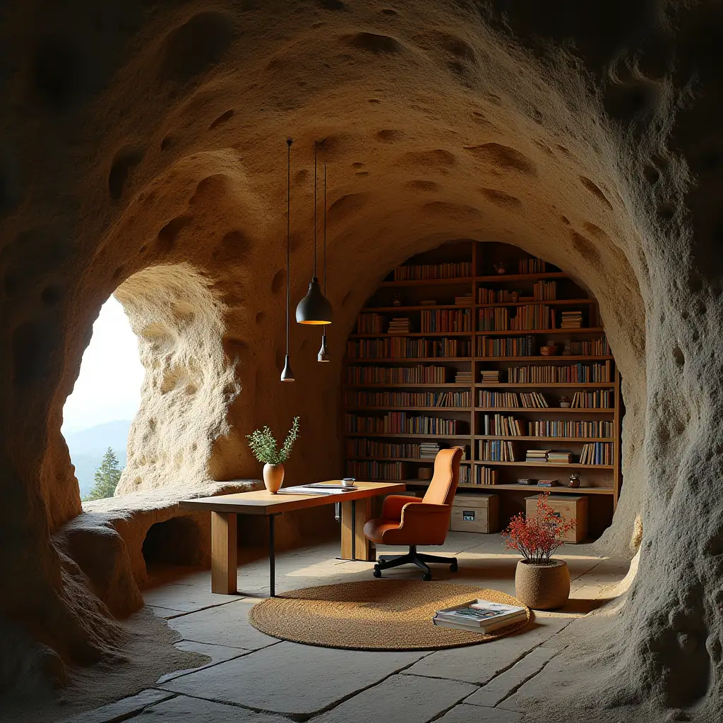 A cave transformed into a library and office