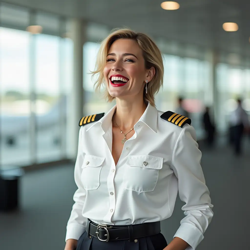 white norvegian pilot lady, in white deep-necked pilot shirt, laughing with her mouth open, red lipstick accentuating her smile,belt on waist, big wide hips, chest are fully grown, jewerly, short hair, HD, enjoying at airport , photo-realism