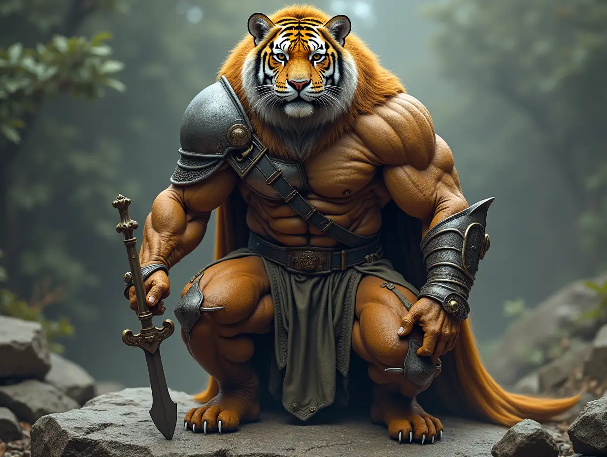 A very detailed photo. A full body representation of an Animal-Hybrid bodybuilder with knight's armor and a tiger head on a rock