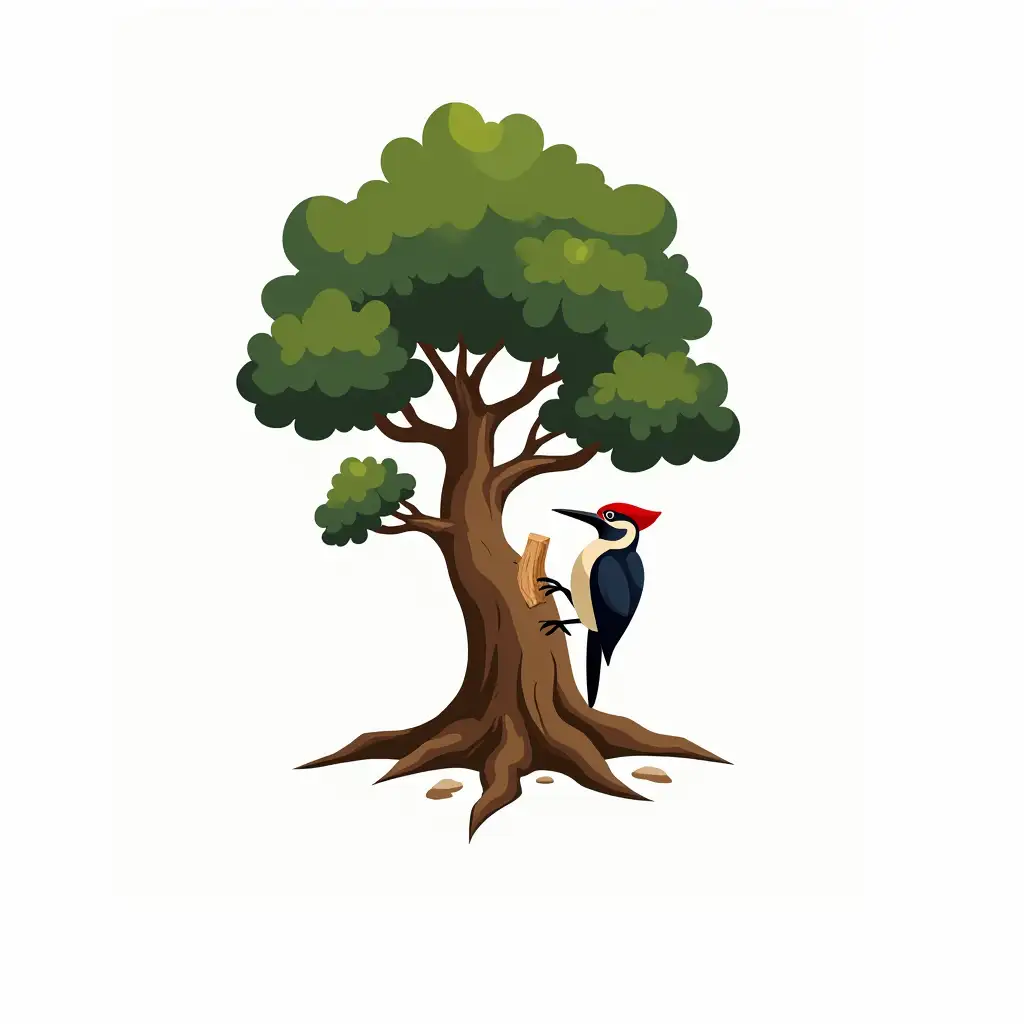 I want to create a logo for a carpentry company, with a white background that features a tree in the foreground and a woodpecker on the right side of the trunk carving