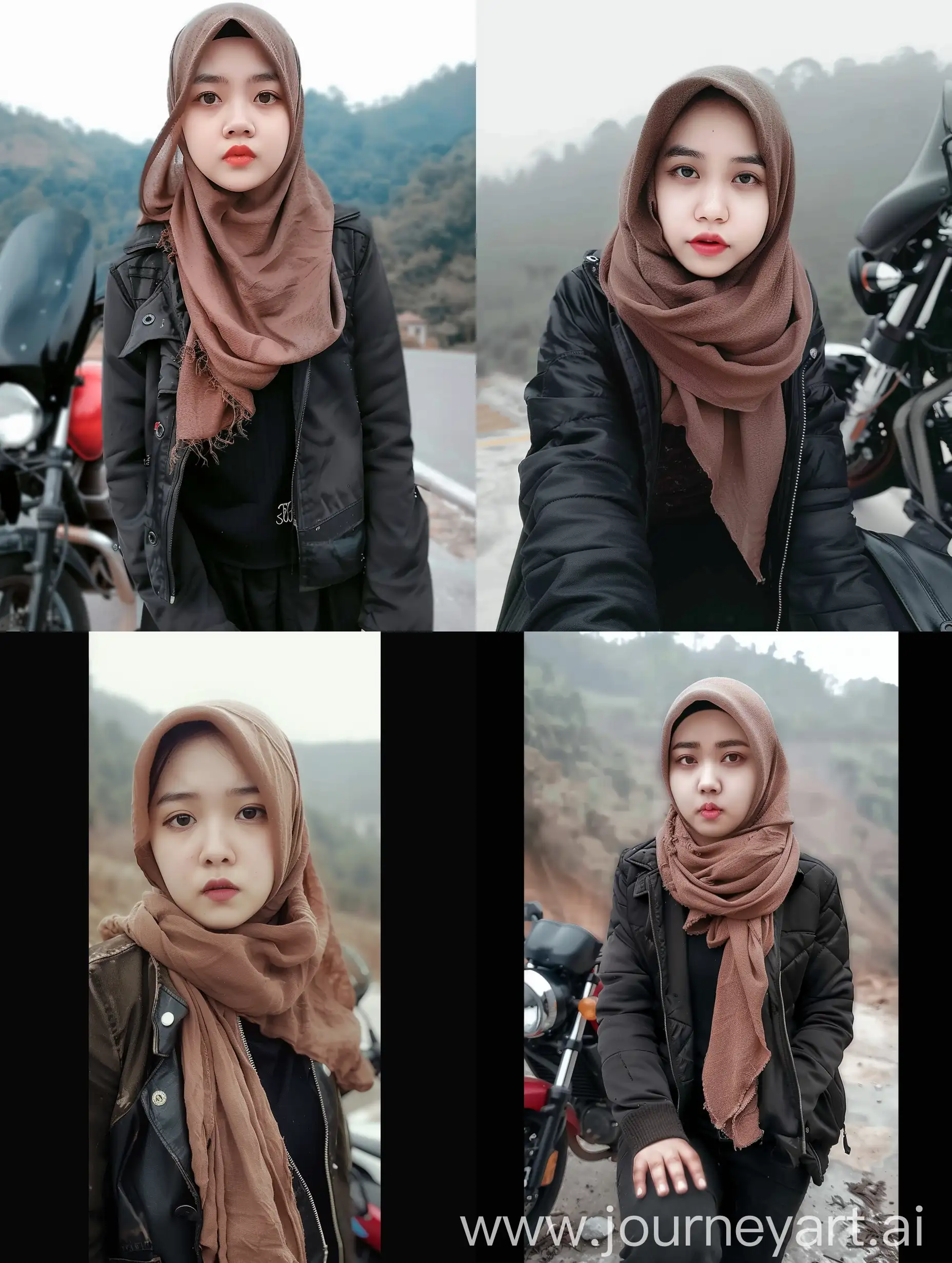 Muslim-Woman-in-Hijab-Standing-Near-Harley-Motor-at-Luxurious-Parking