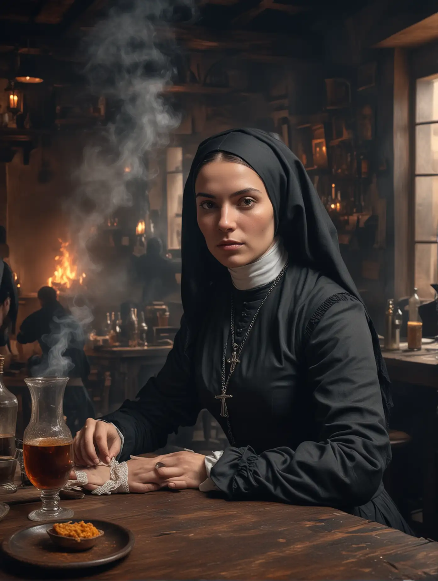 Spanish-Nun-in-Brigand-Costume-Sitting-at-Tavern-Table