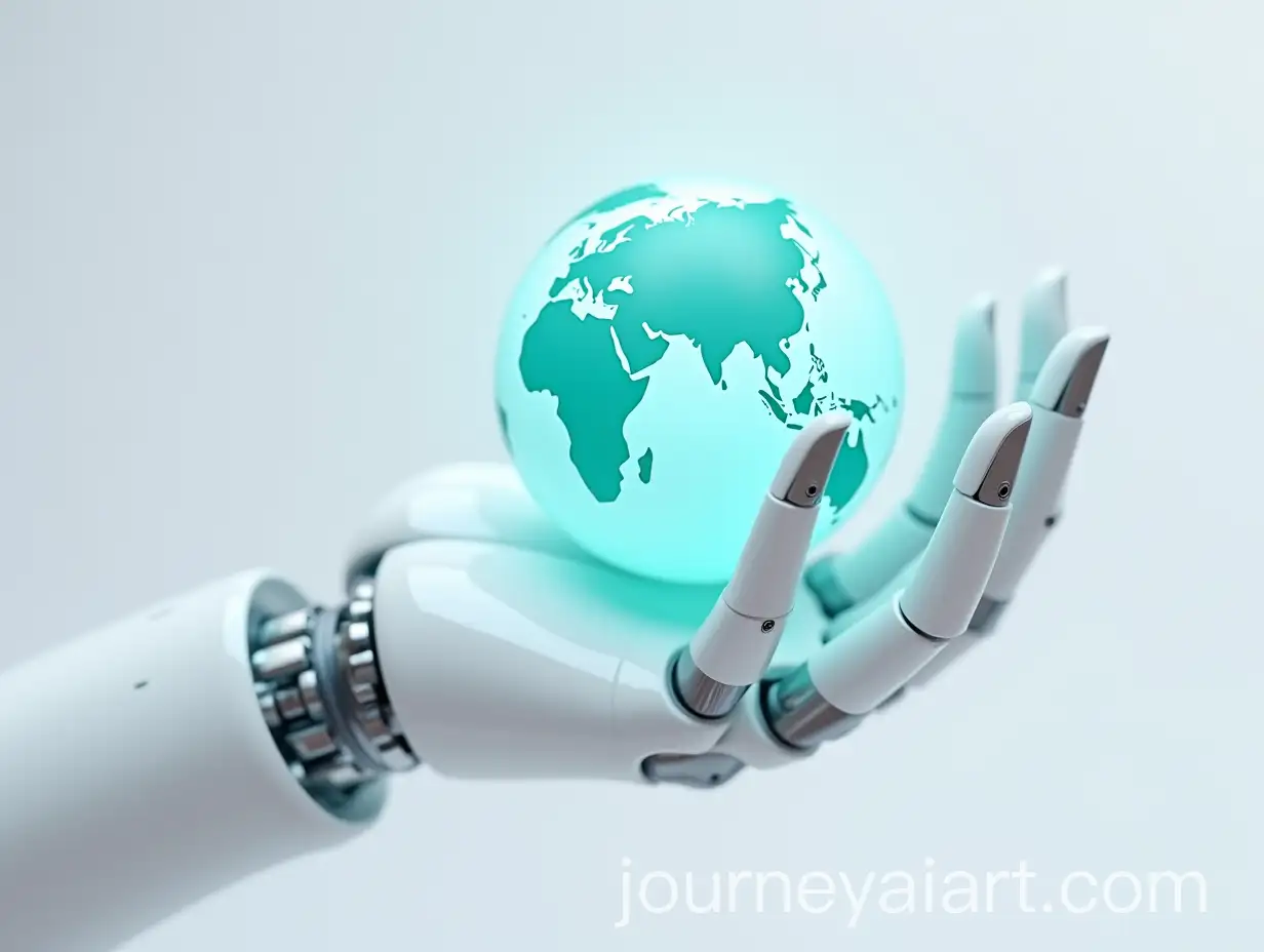 Elegant-Robot-Hand-Holding-a-Glowing-Levitation-Globe-with-Turquoise-Lighting