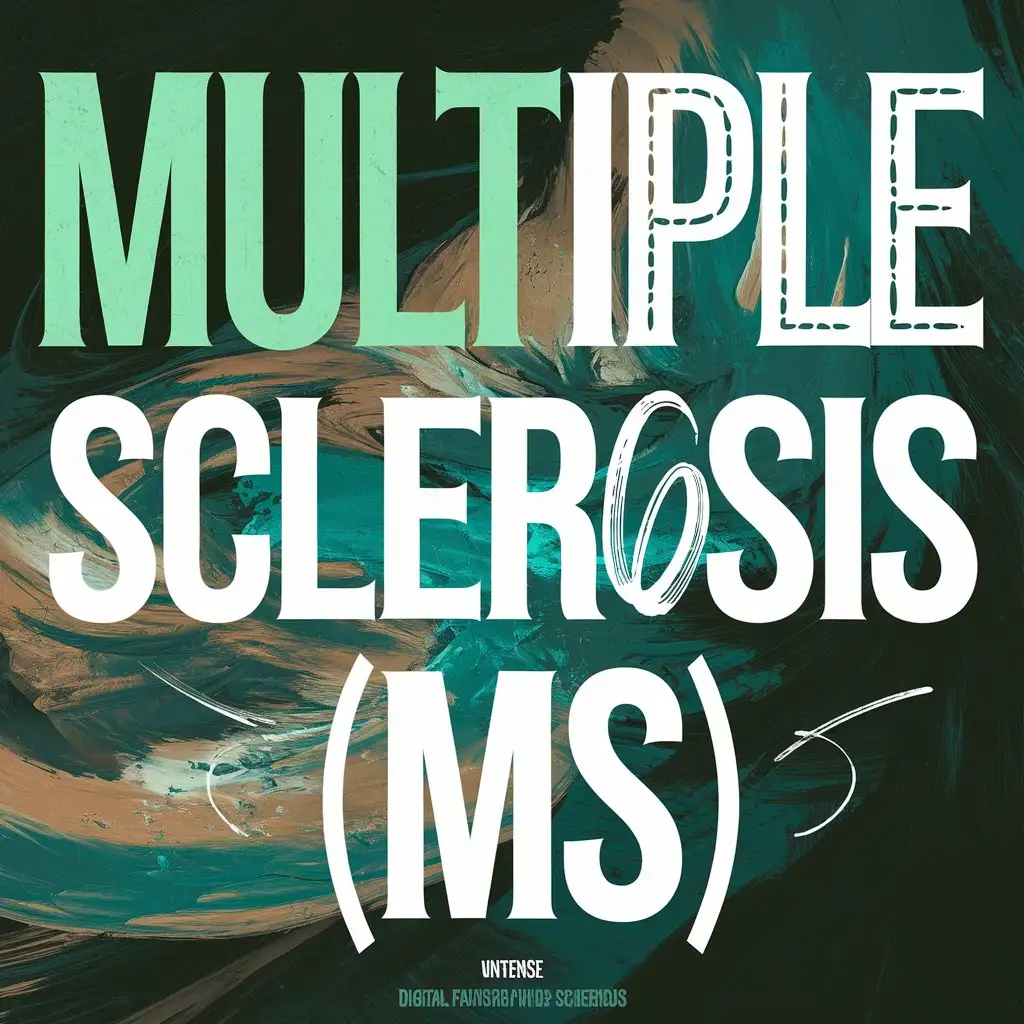 A dynamic and emotional typography design combining multiple sclerosis (MS). The text uses a mix of bold, chunky fonts for impact and delicate, handwritten fonts for a personal touch. The colors alternate between vibrant green and teal, with sharp contrasts for readability. The background features an abstract swirl of colors and shapes, symbolizing the chaotic journey of the fight against multiple sclerosis (MS). The mood is intense yet hopeful. Artwork, digital painting with high contrast and vivid details, --ar 9:16 --v 5