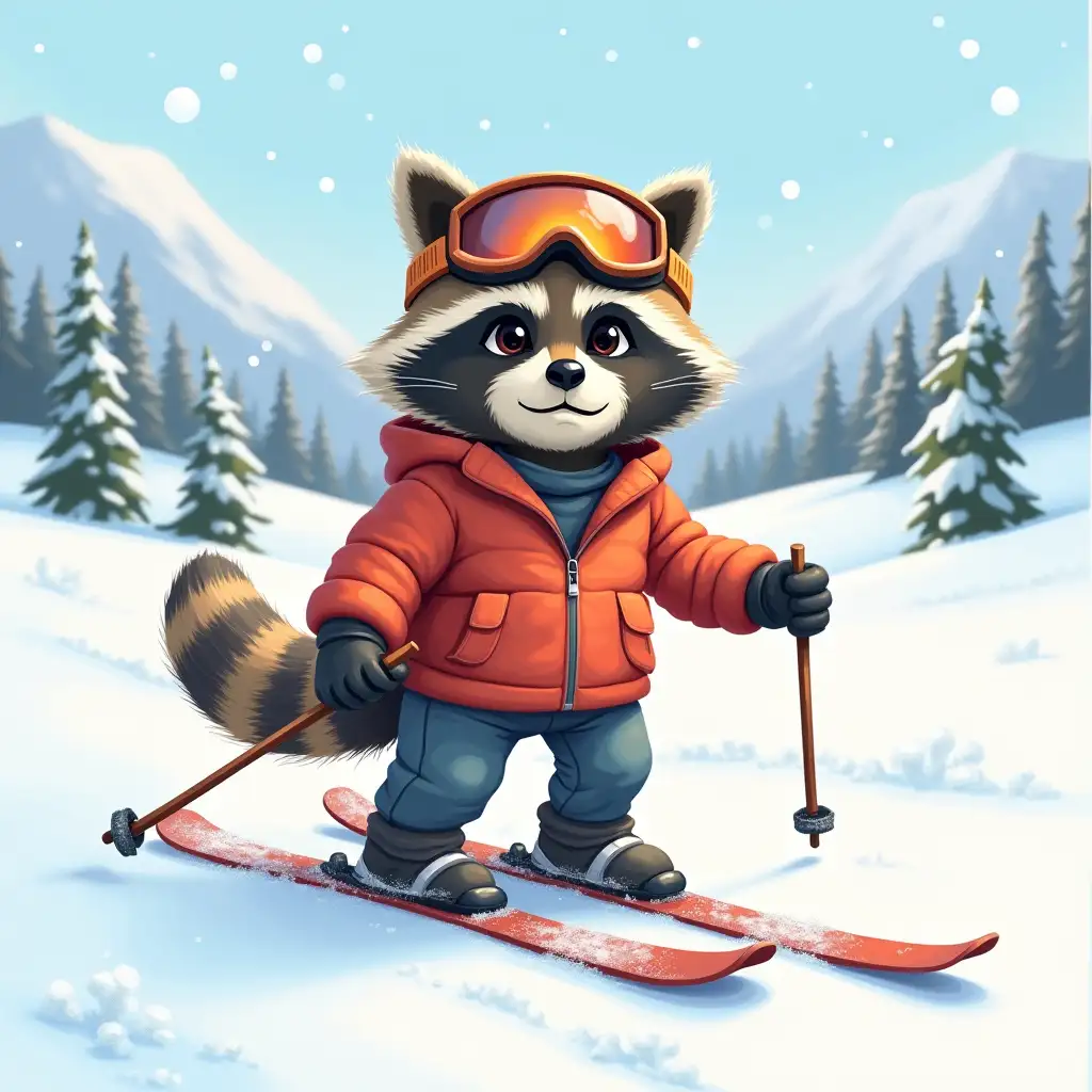 Raccoon in Winter Gear Preparing to Ski Down a Mountain