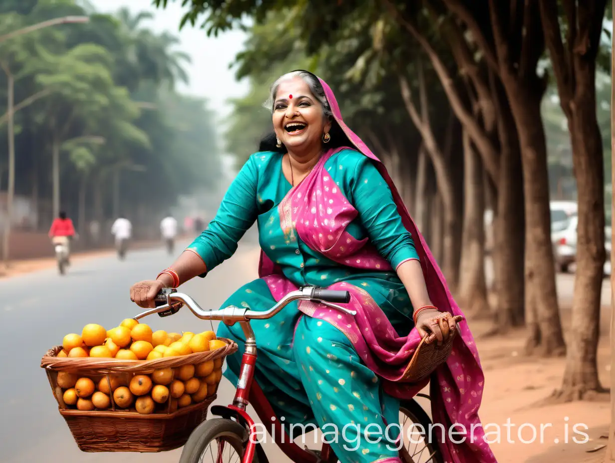 a South Indian curvy mature woman having age 58 years old with makeup and wearing salwar suit and laughing riding a lady bicycle with a basket