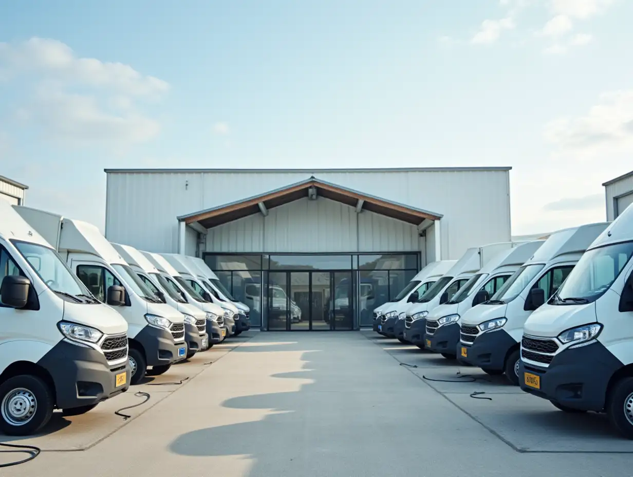 Electric-Vans-Charging-Outside-Modern-Prefabricated-Hall