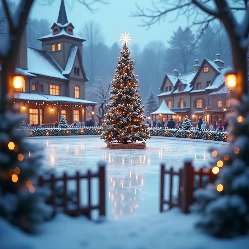 Ice rink with a Christmas tree on the ice in a fairy-tale village, surrounded by a decorated fence with an entrance at the front, blurred background