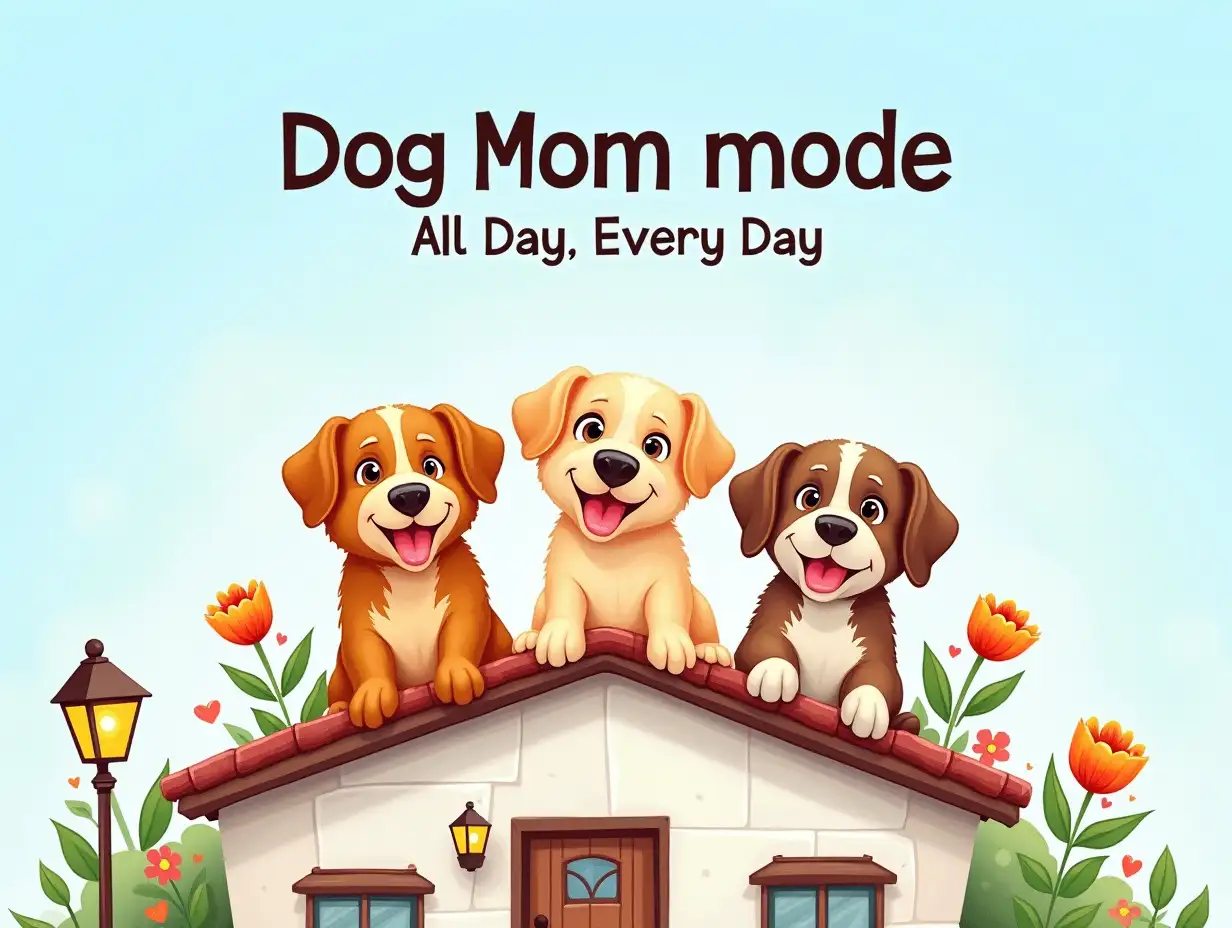 Vector. The image should feature three cartoon dogs sitting on top of a house with a happy expression. The dogs should be surrounded by colorful flowers and a street lamp. The background should be a clear blue sky. The text 'Dog Mom mode' should be displayed above the house, and 'All Day, Every Day' should be displayed below the dogs. 4k. Watercolor style