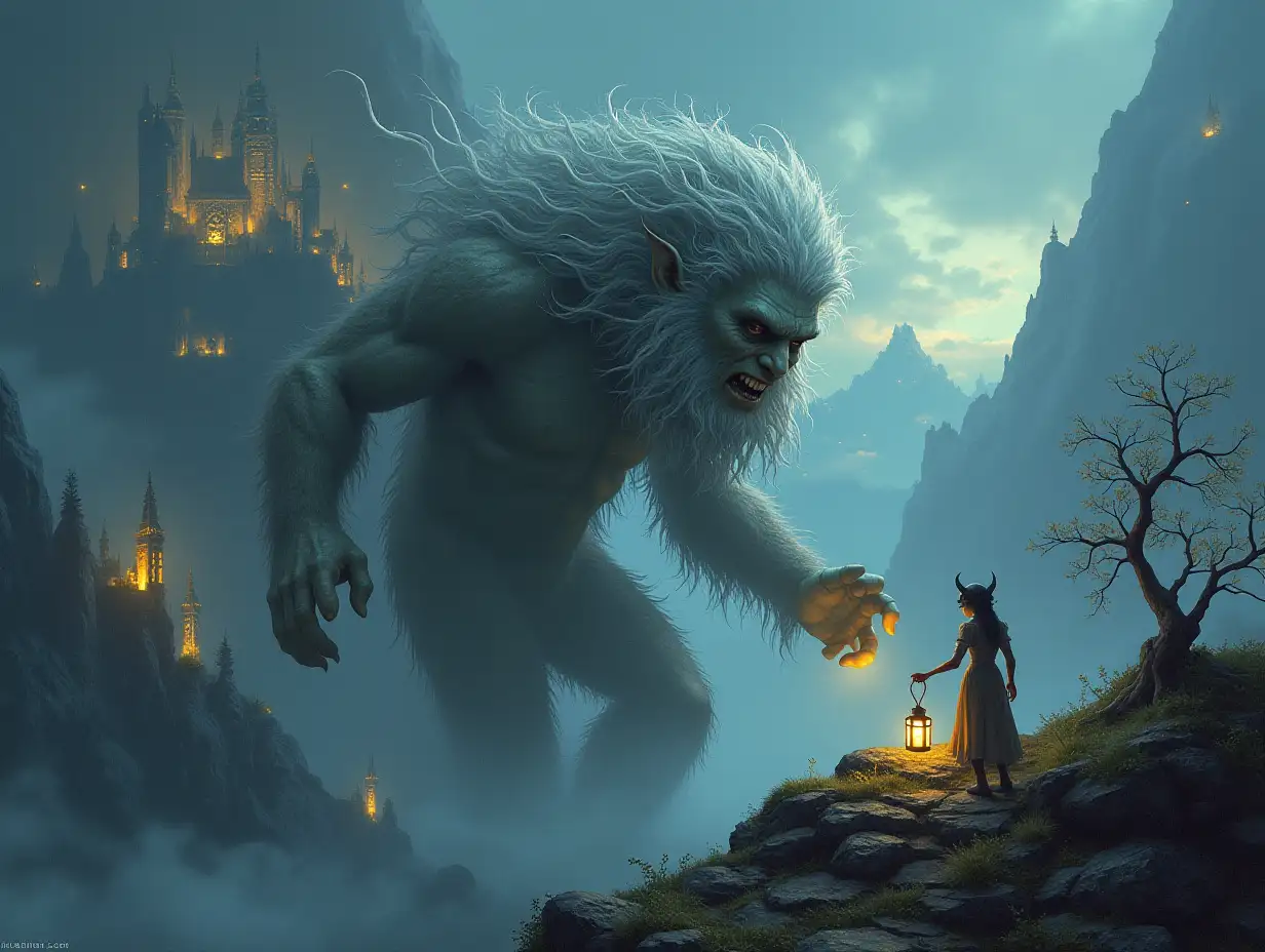 Creating a digital painting of a troll with hair transforming into buildings with silver stone and illuminated trees with large branch hand and lantern and alien beings on a mountain