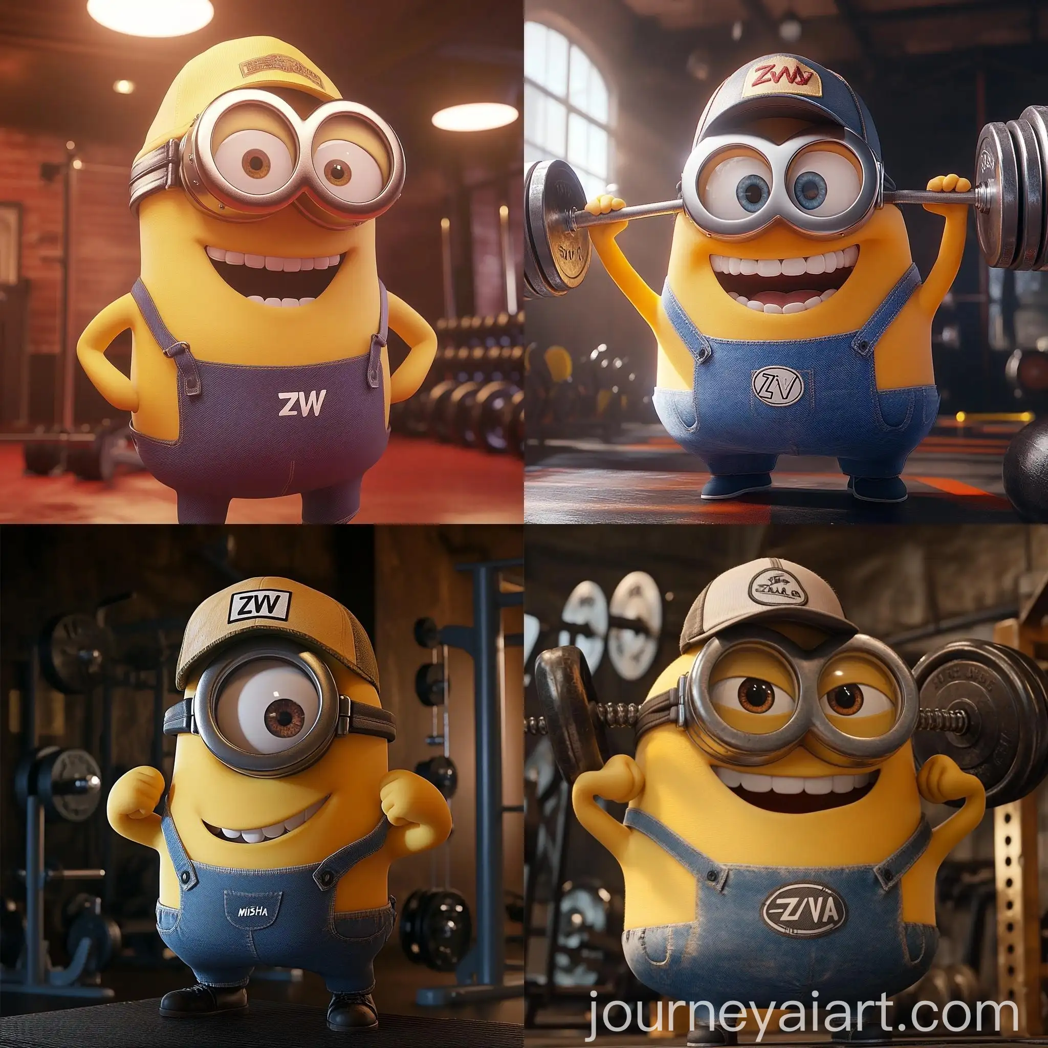 Cheerful-Yellow-Minion-in-Gym-with-ZOV-TShirt-and-MISHA-Hat
