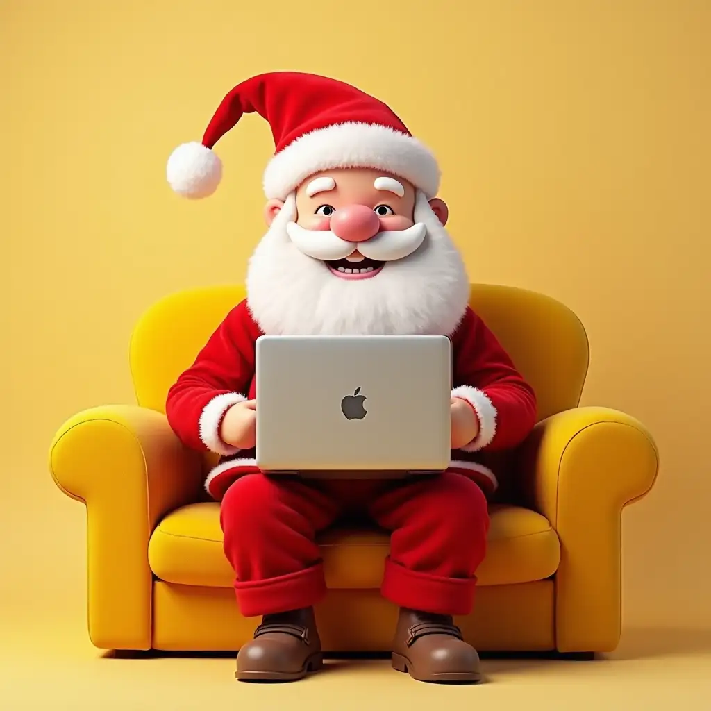 Front Smiling Centa Claus, using Laptop, sitting on Yellow Colour Mini Sofa, Say Thumbs up Png