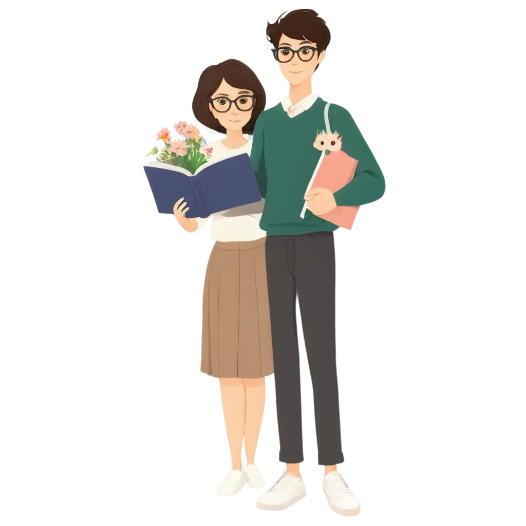 ShortHaired-Teacher-with-Glasses-Holding-Three-Students-Surrounded-by-Fresh-Flowers-HandDrawn-Cartoon-PNG-Image