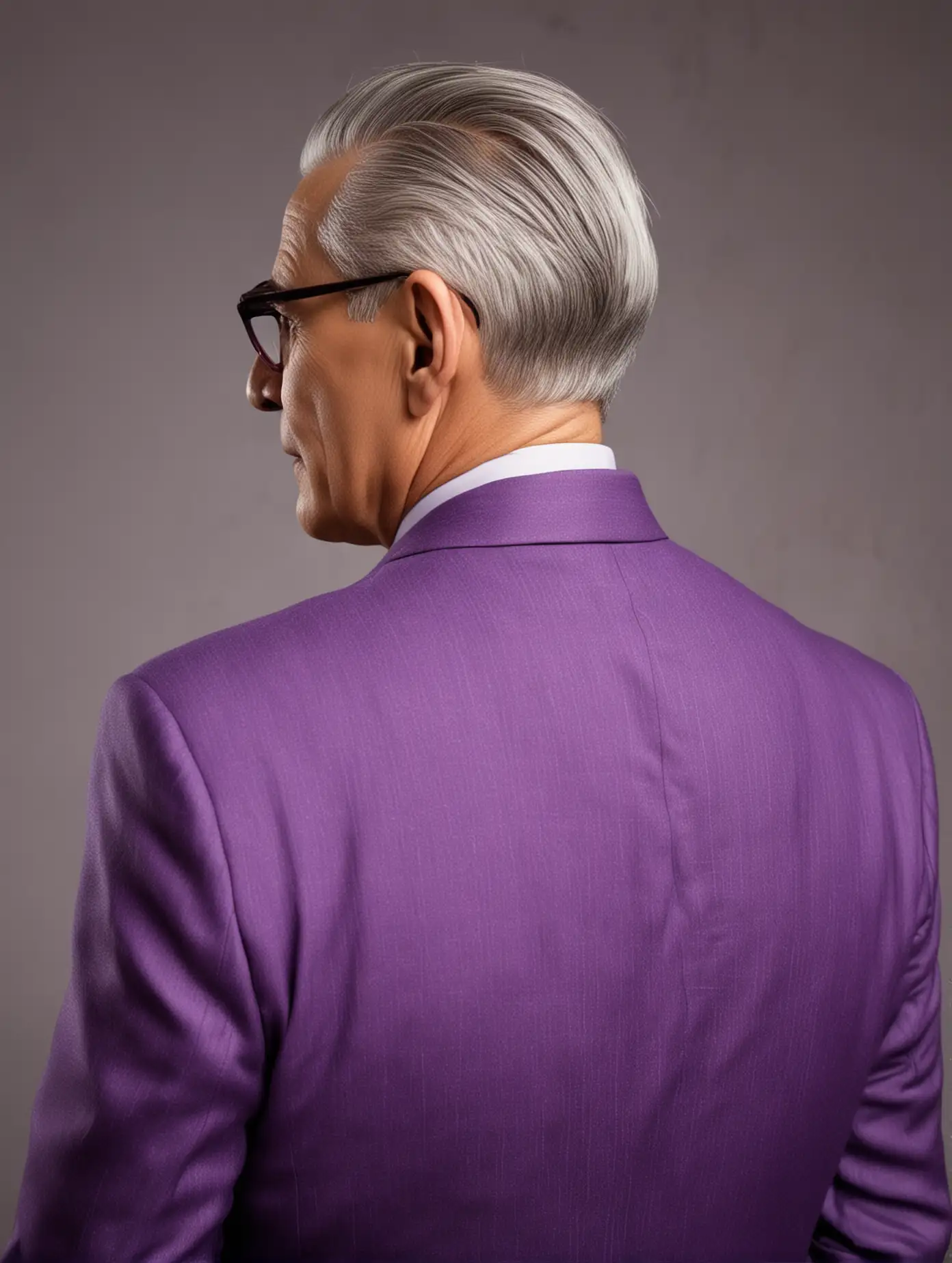 Elderly Man with Slicked Back Grey Hair and Glasses in 1920s Purple Suit