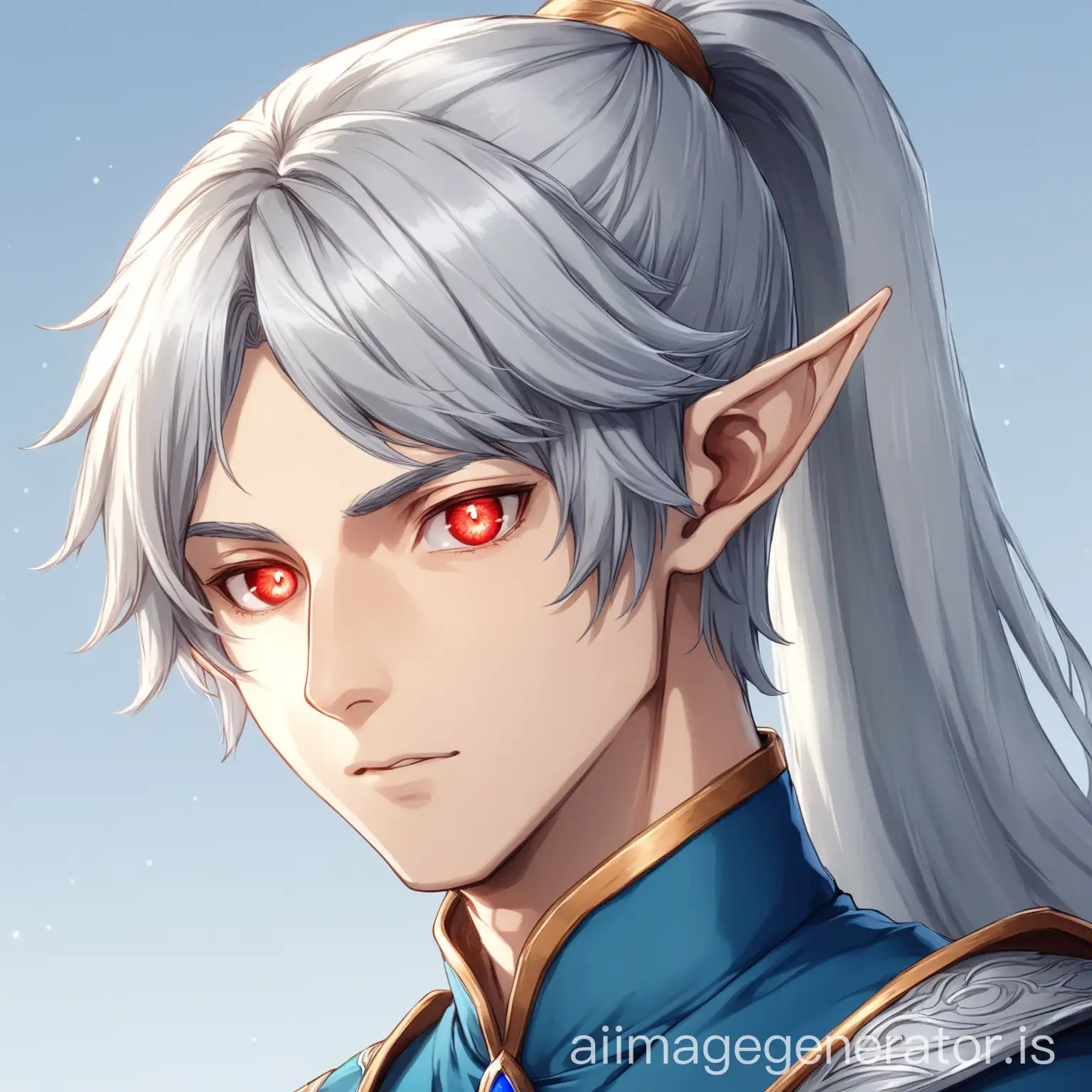 a young man, silver gray hair, female face, pupils are red and blue, wearing a high ponytail, elf ears