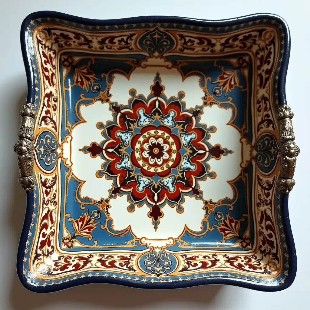 Square with rounded corners ceramic serving dish with embossed beautiful handle, antique and old, Qajar art, Iranian Tabriz carpet design