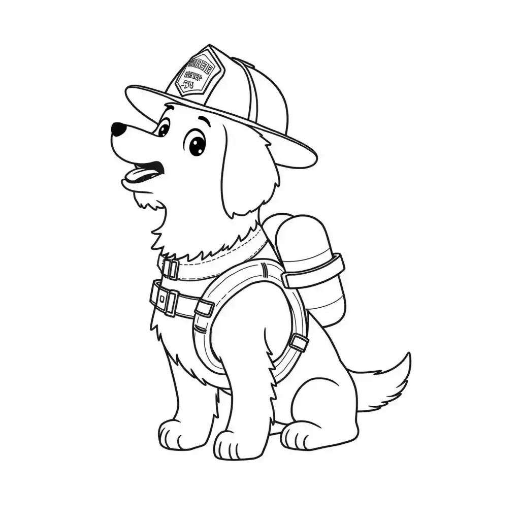 Create a coloring page of Rex, a golden retriever in a firefighter's outfit, wearing a red fire helmet and a hose backpack. Rex should look brave and ready for action, with bold outlines and simple details for easy coloring. The background should be minimal.