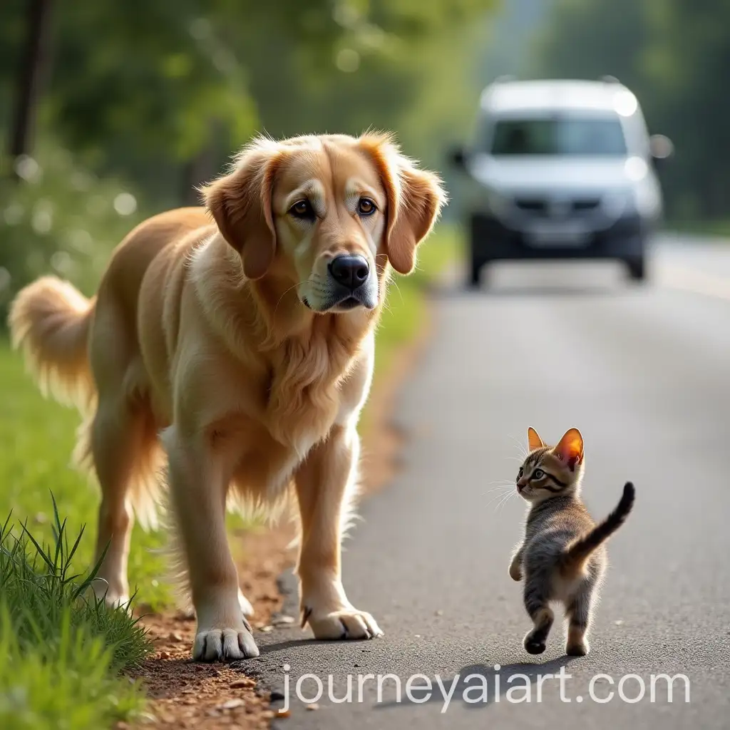 AI-Image-Prompt-ExpansionGolden-Retriever-Dog-Alert-Near-Roadside-with-Kitten-in-Sight