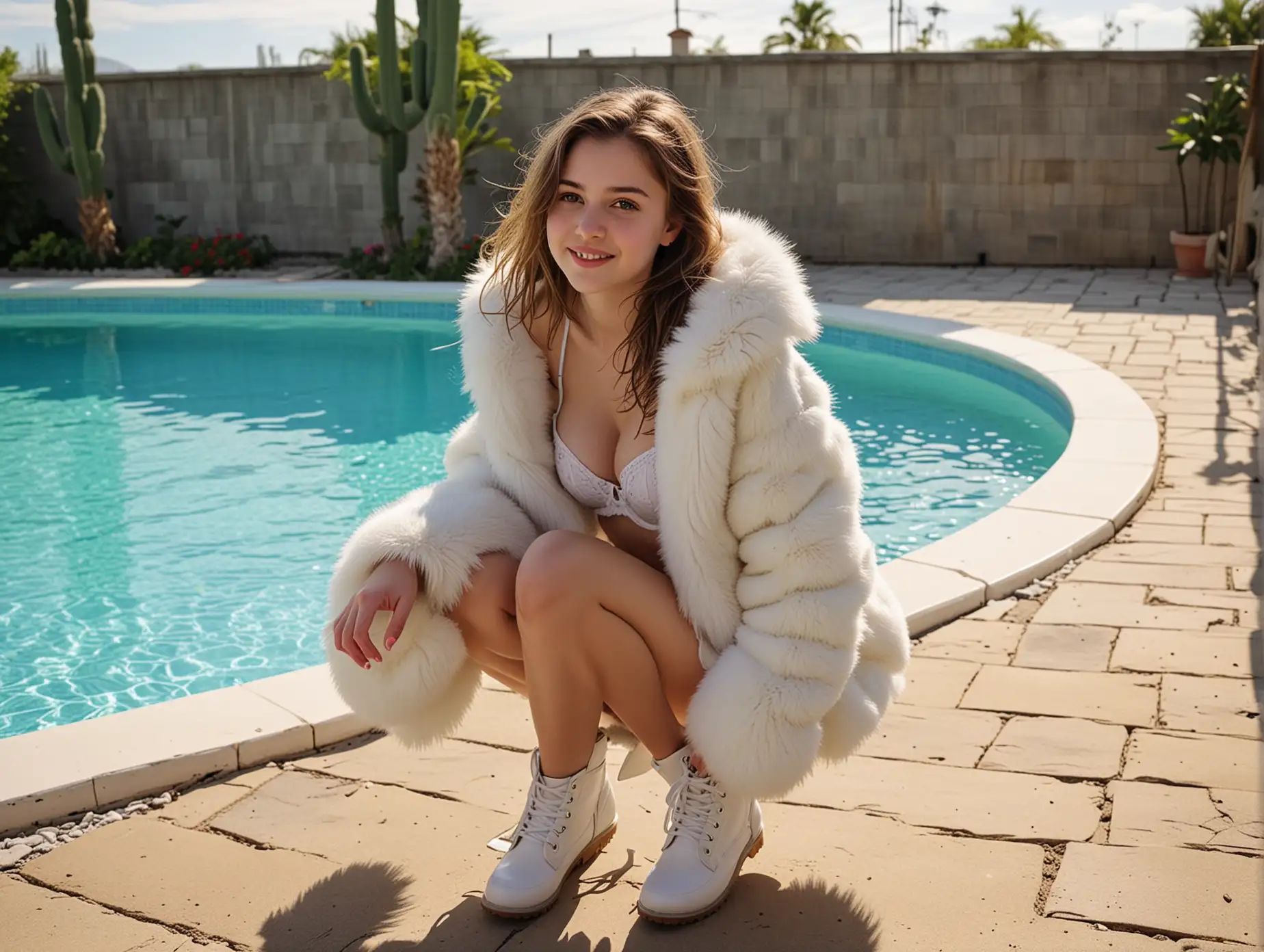 (((((((masterpiece))))))((((((best quality)))))) adorable teen girl, ((wearing a thick fluffy fur coat and fur boots)) playing by the pool, (((fine fur))) swimwear