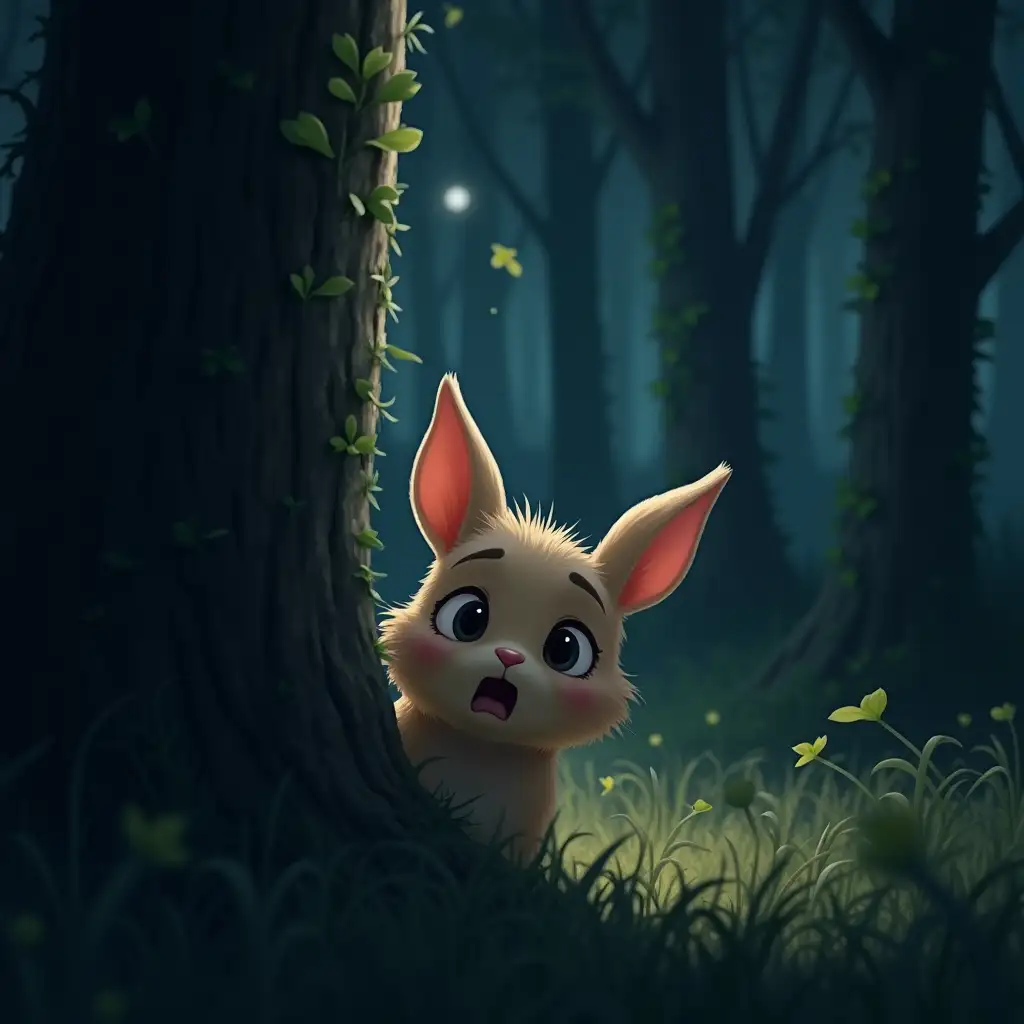 The challengenAt night, Lumo hears desperate cries for help. A rabbit has gotten lost in the forest. The storm makes the darkness even more threatening.nFlocke is 6 years old in animal years, Female, Fluffy light brown natural fur, Round, childlike features with big, frightened eyesnDangerous forest, swirling leaves, weak moonlightnHiding anxiously behind a tree and calling for help.nnA small, scared rabbit hides behind a tree in a dark forest. Leaves whirl in the wind, and only the weak light of the moon is visible.