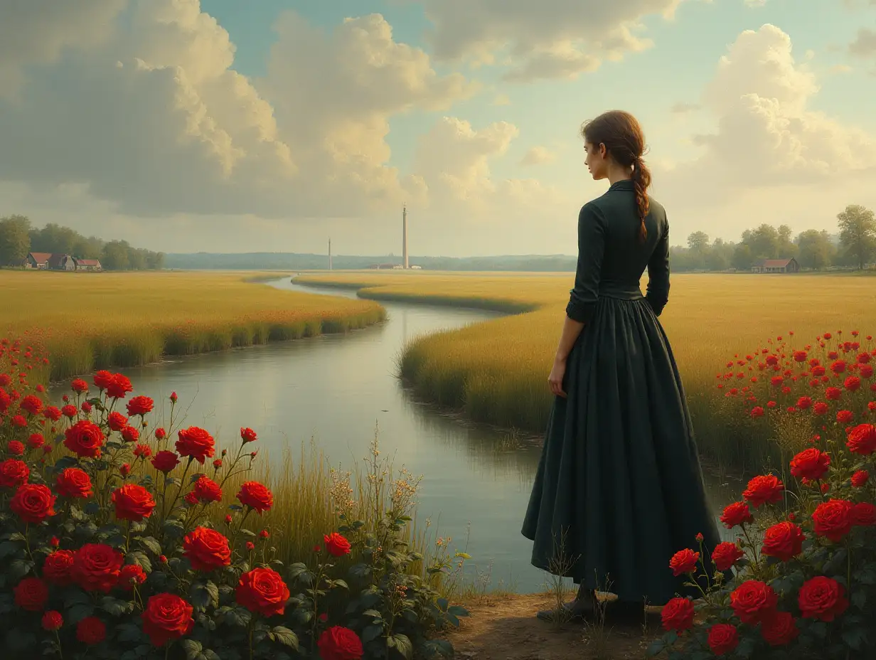 Large Wield-Field with a river with a bot in the middle and red roses at the edge stands a woman portrait