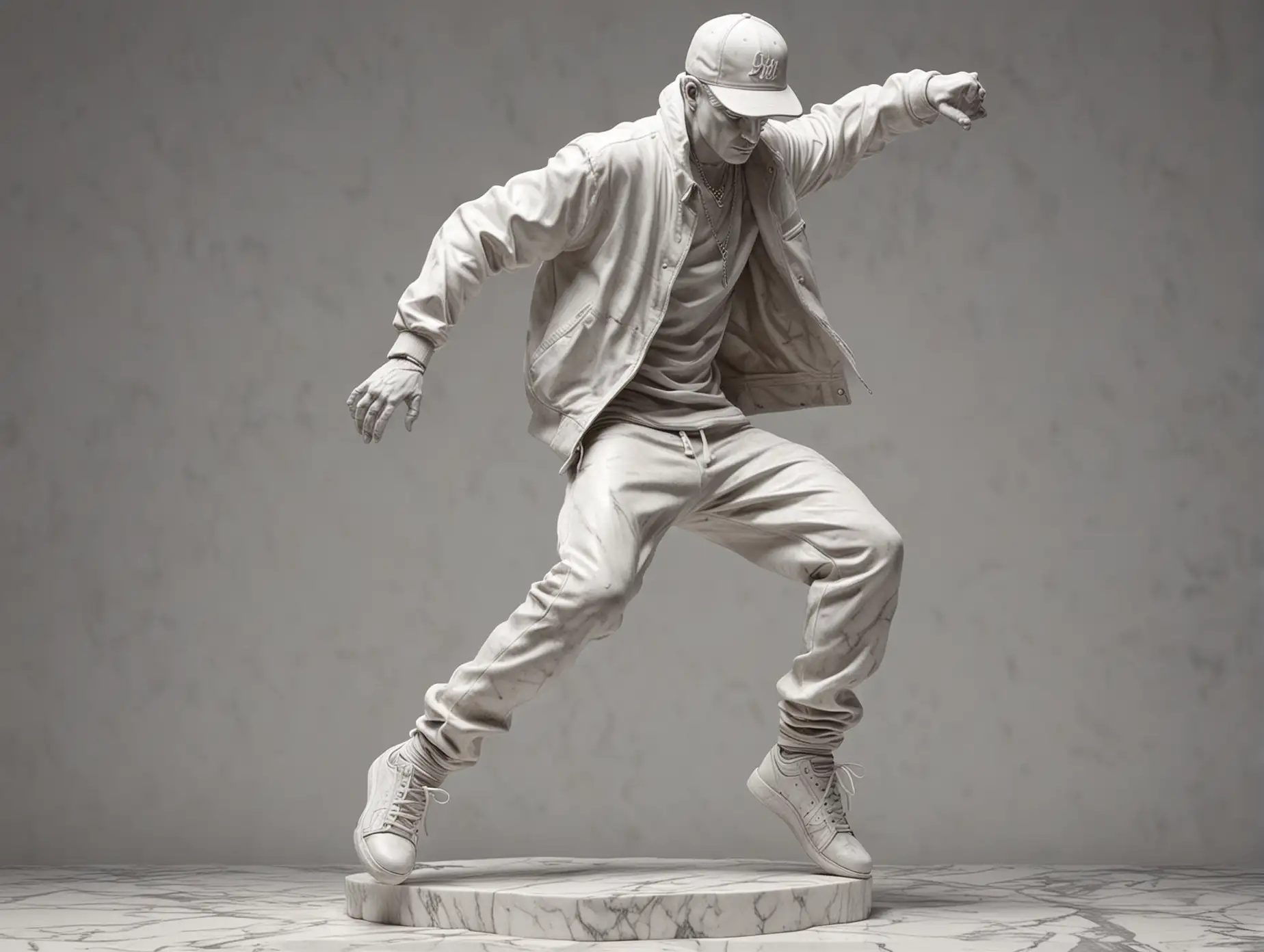 photo of a white marble statue of a man dancing hip-hop, in motion, photorealism, style raw