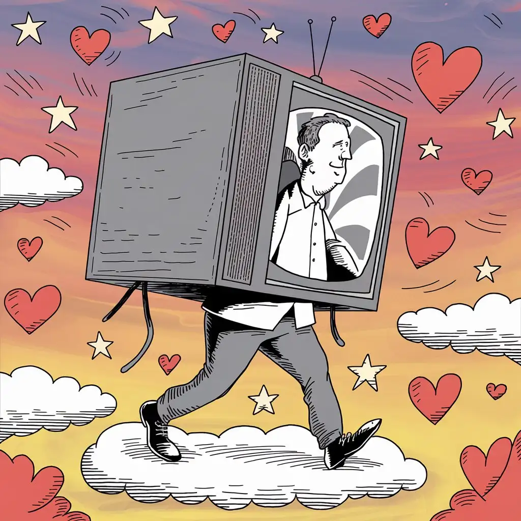 While I'm saving up for a TV, I'm striving to degrade like everyone else. I'm doing whatever I can to survive. I'm reading and going for walks in the park. The illustration is clear and colorful, complex and incredibly detailed, with a humorous style, a caricature, sharp contours, surrealism, and grotesque elements.