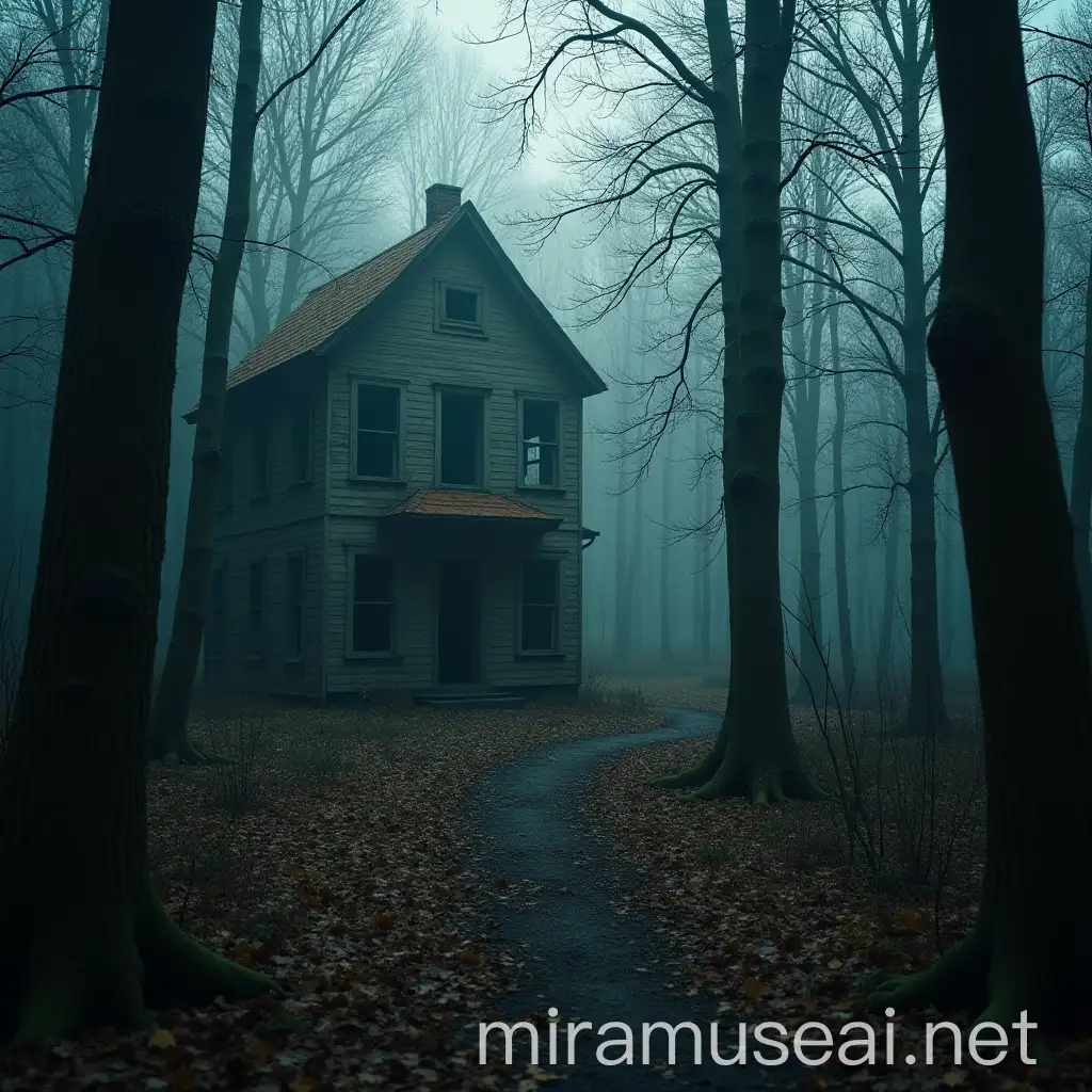 Eerie Abandoned Buildings in a Dark Forest