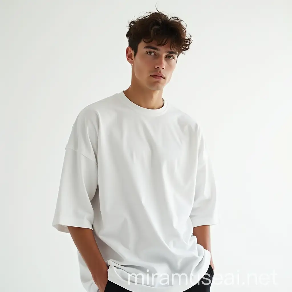 Fashion Male Model Posing in White Studio with Oversized TShirt