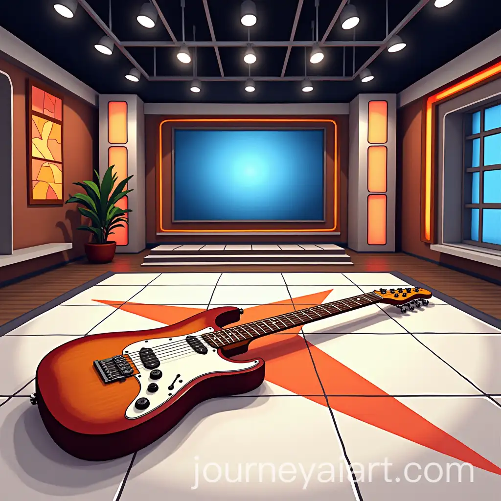 Music-Show-TV-Studio-Set-with-GuitarInspired-Floor-Design