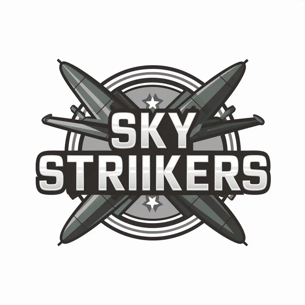 a vector logo design,with the text "Logo for the game "Sky Strikers" about fights on jet fighters, bright, attractive ", main symbol:Military aircraft,complex,clear background