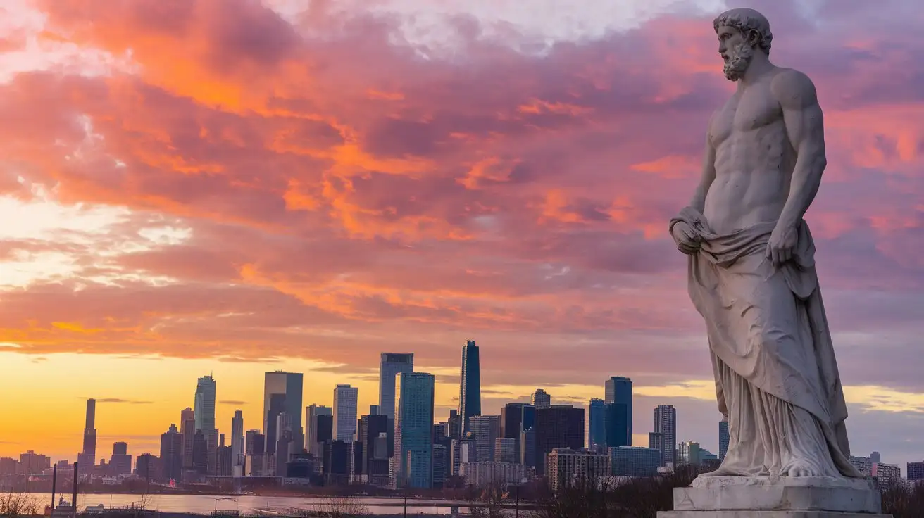 Statue Silhouette Welcoming Dawn in Cityscape