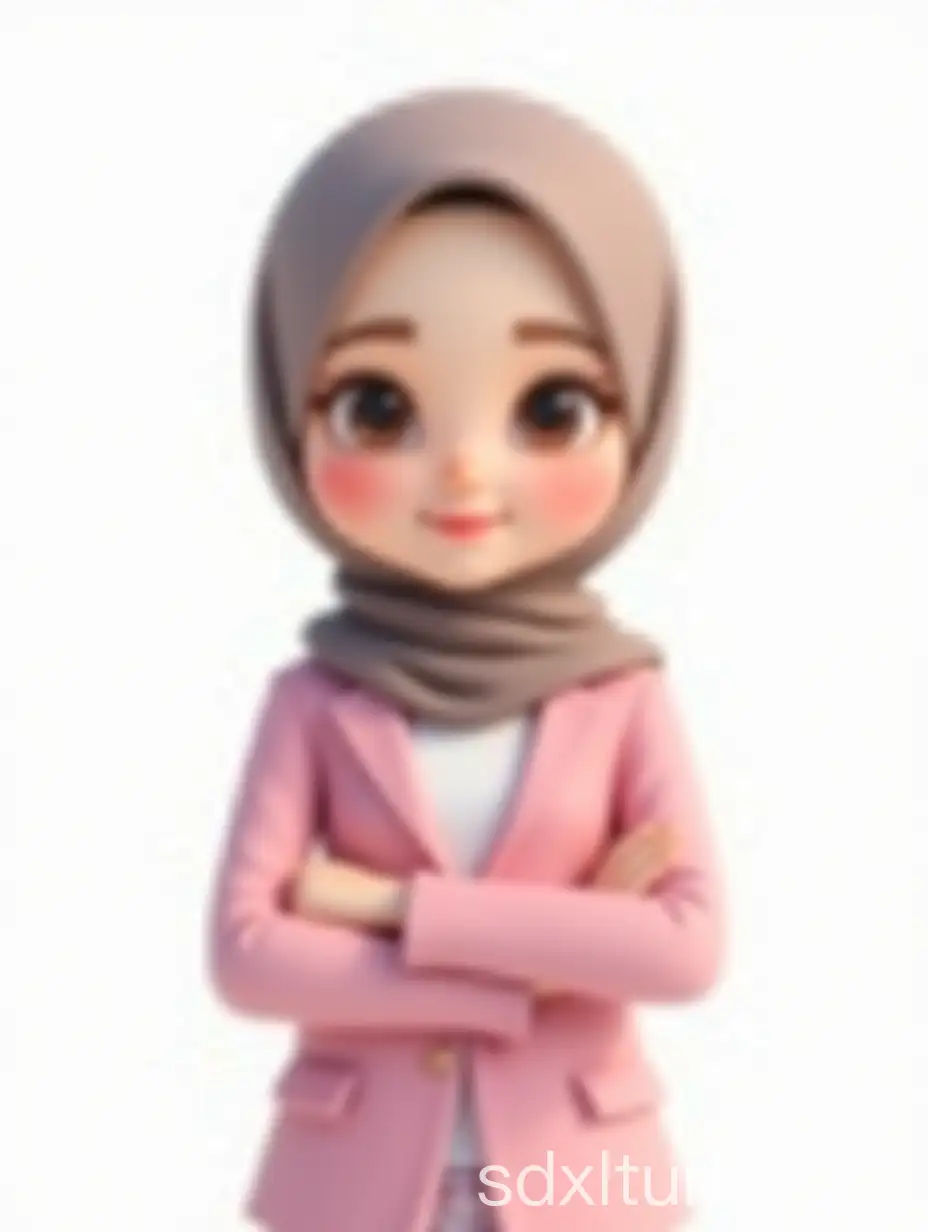 Create a full 3D cartoon style body with a big head. A 25 year old Indonesian woman. Tall, slightly full body, oval face shape. beautiful, slightly round eyes, clean white skin, thin sweet smile. wearing a hijab, pink blazer, white undershirt, body position clearly visible. The background is solid white. Use soft photography lighting, hair lighting, top lighting, side lighting. Highest quality photos, Uhd,16k