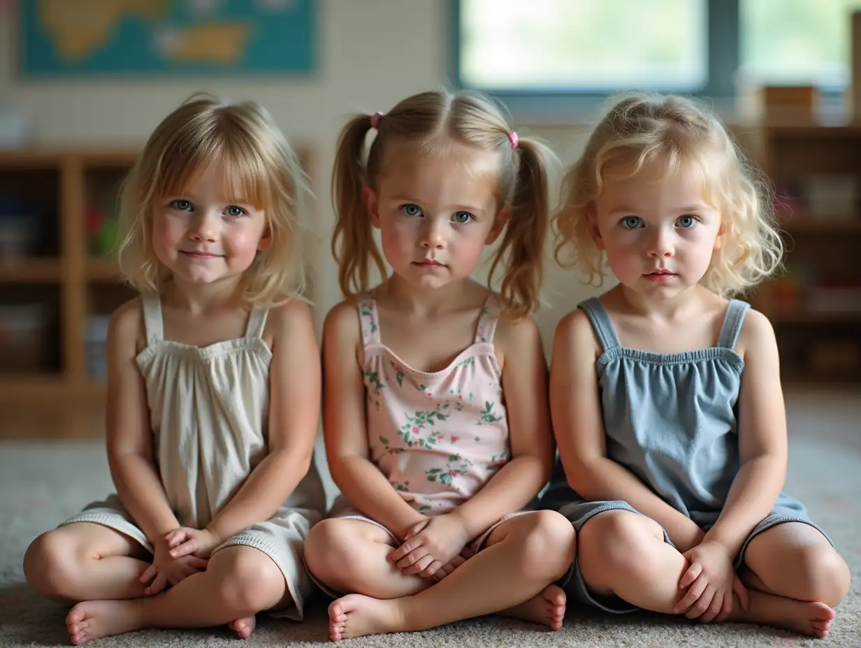 Three-Little-Girls-in-Summer-Minidresses-Sitting-on-Classroom-Rug