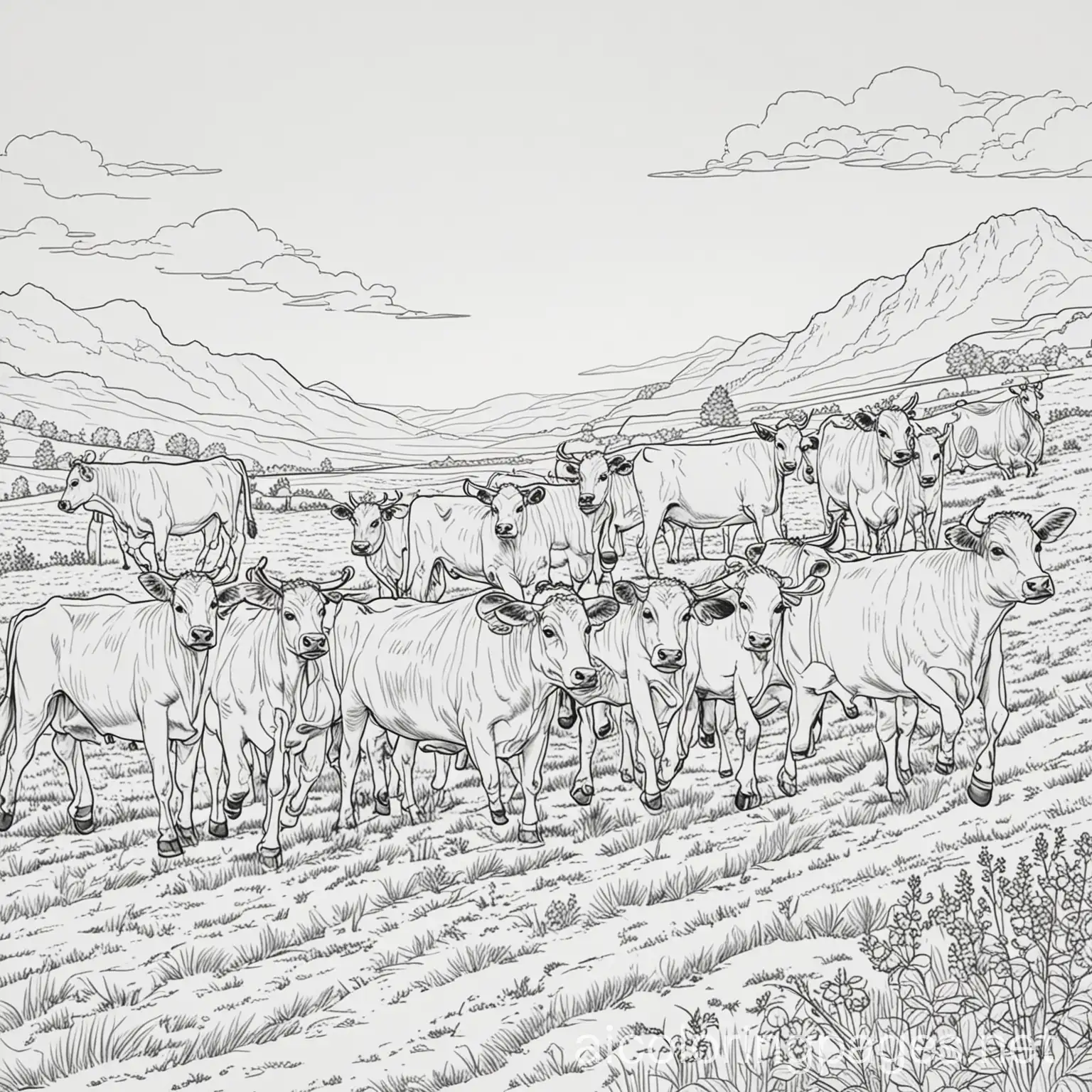 Playful-Cows-Running-in-a-Sunny-Field-for-Kids-Coloring