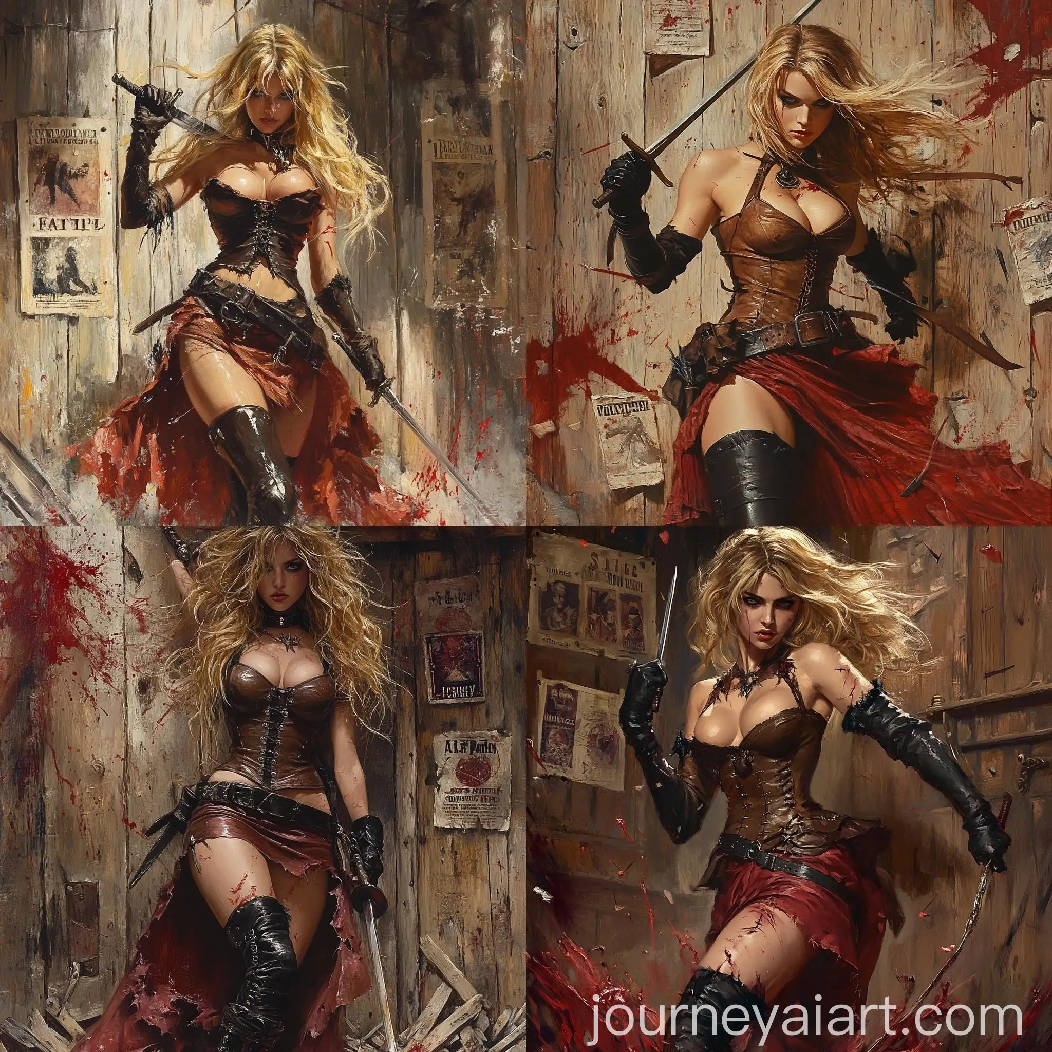 Beautiful-Woman-with-Sword-in-Leather-Corset-and-Red-Skirt-Amidst-Chaos