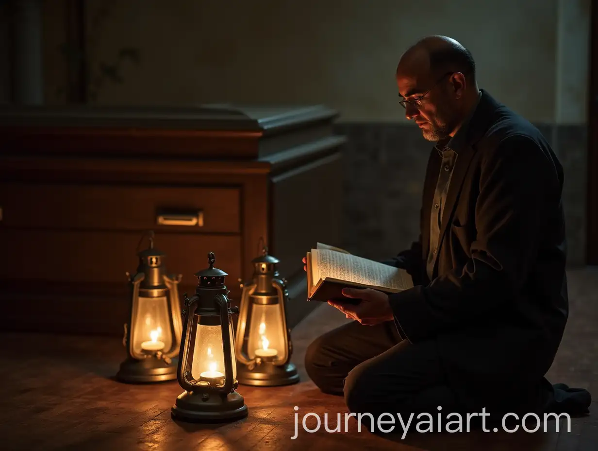 Gaslamp-Holding-Open-Quran-at-Funeral-Table-with-Soft-Lantern-Glow