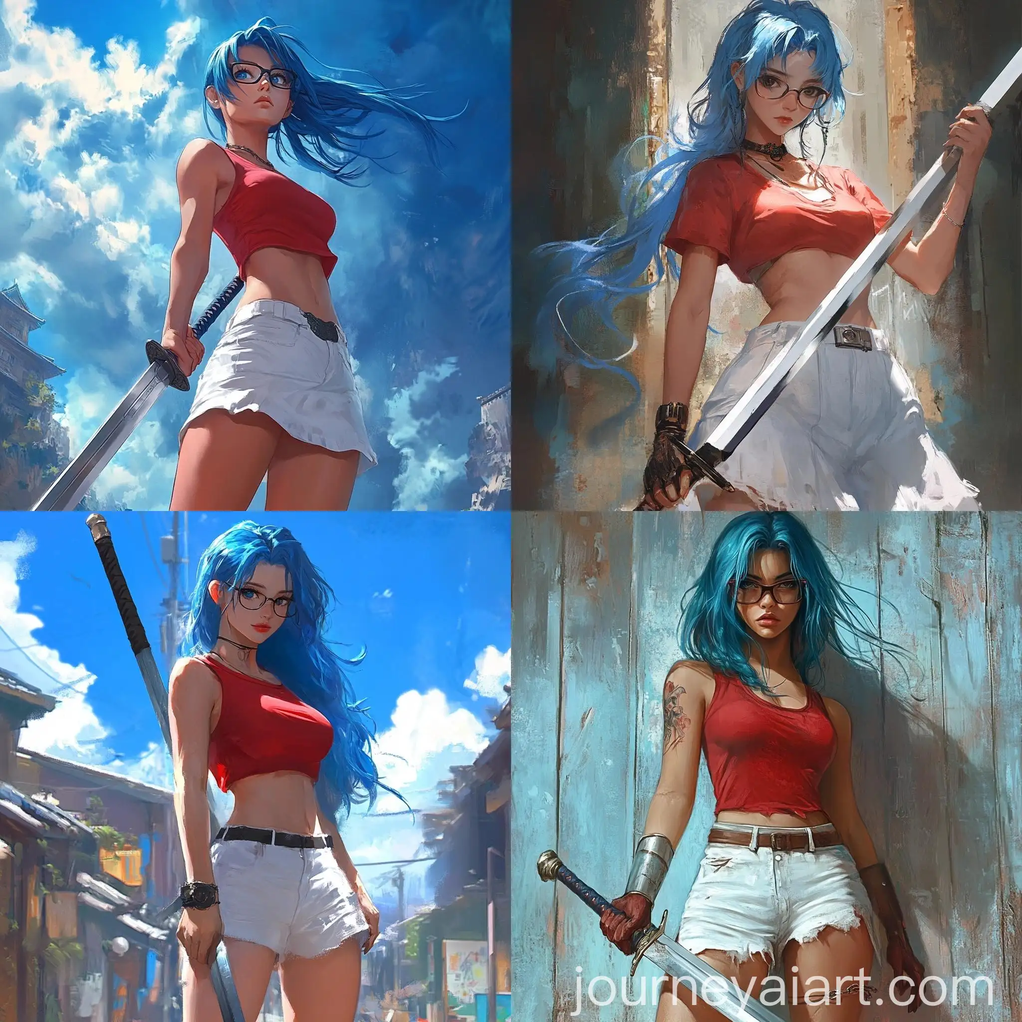 Beautiful-Girl-with-Blue-Hair-and-Long-Sword-in-White-Skirt-and-Red-TShirt