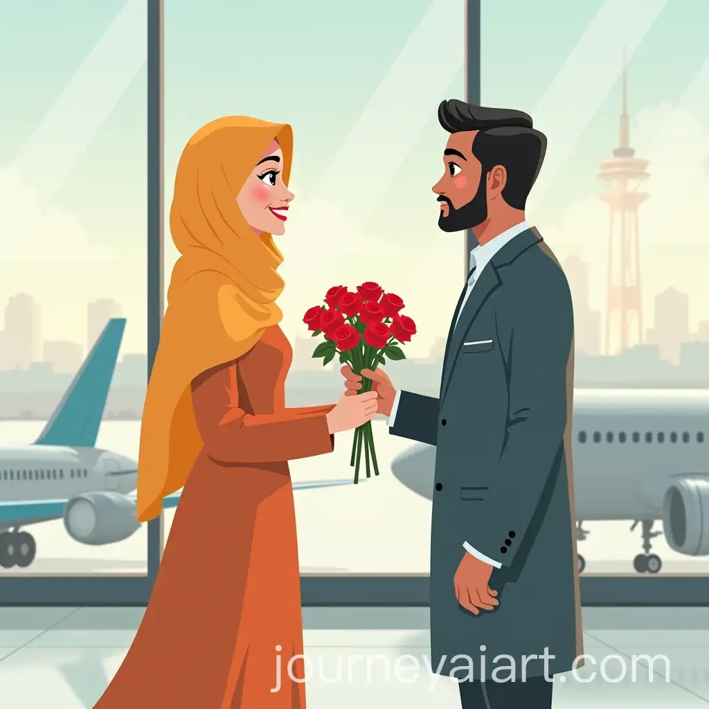 Muslim-Couple-in-Long-Distance-Relationship-Husband-Proposing-with-Roses-at-Airport-in-Front-of-Parents