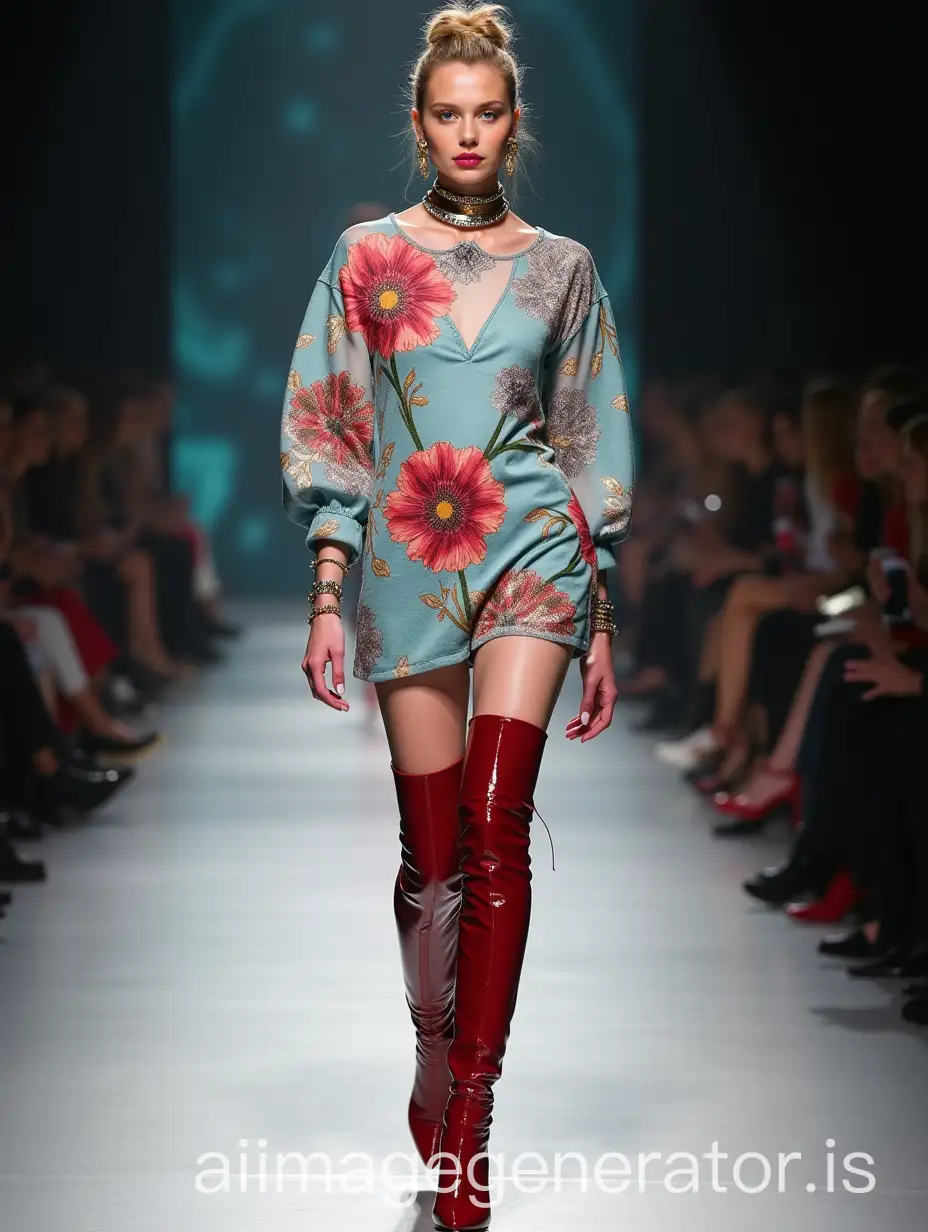 Russian-Model-on-Catwalk-Wearing-Raspberry-ThighHigh-Boots-and-Floral-Tunic-with-Lama-Fur-Bolero