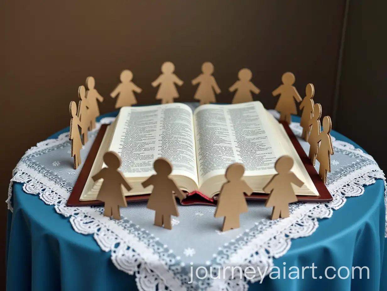 A-Large-Open-Bible-on-a-Table-Surrounded-by-Cardboard-Figures-of-a-Boy-and-Girl