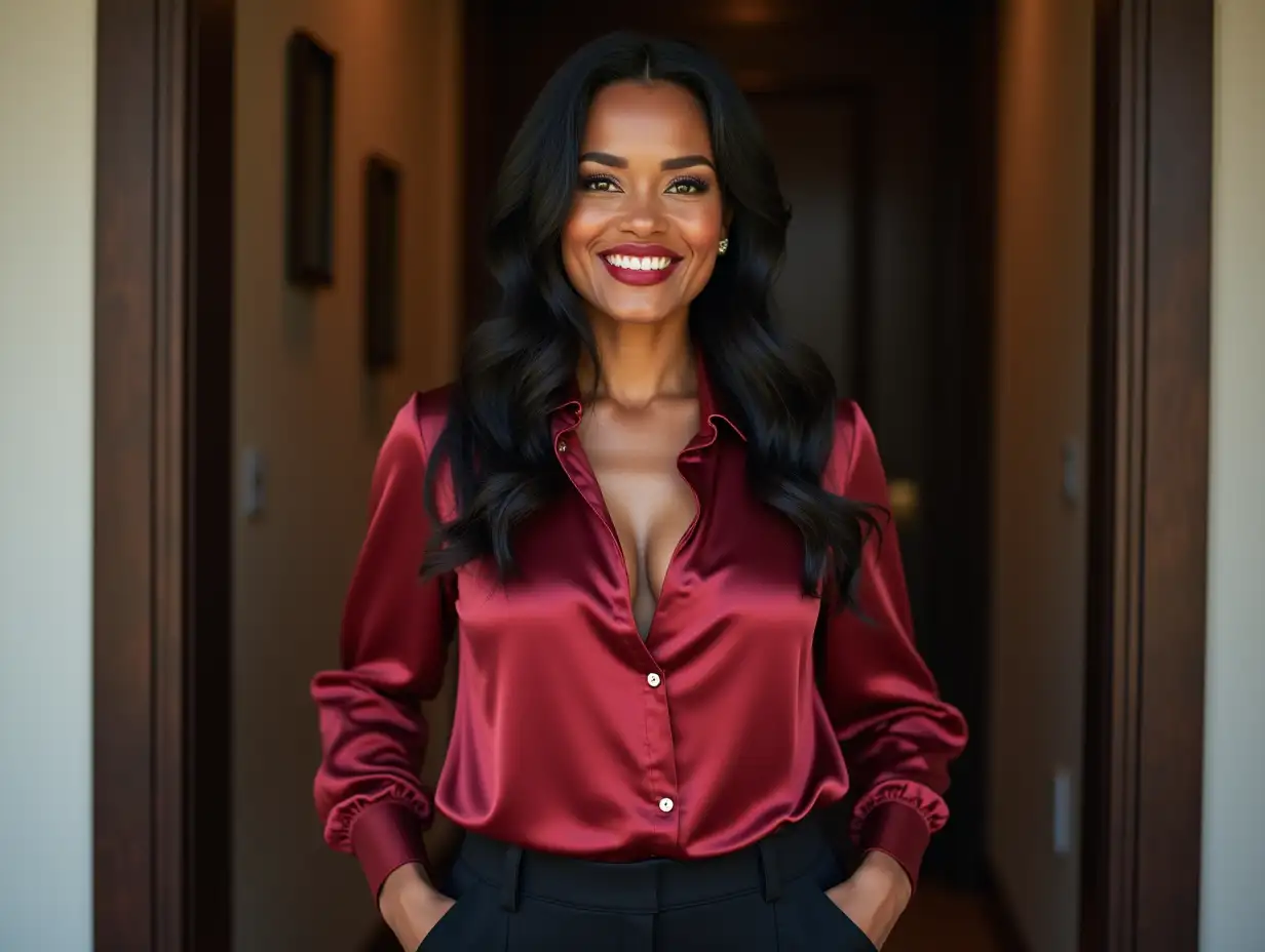 Elegant-Mature-Black-Woman-in-Satin-Blouse-and-Black-Pants-Standing-by-Door